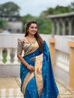 Firozi Paithani Silk Saree with Zari Weaving, Meenakari Pallu & Double Munia Border