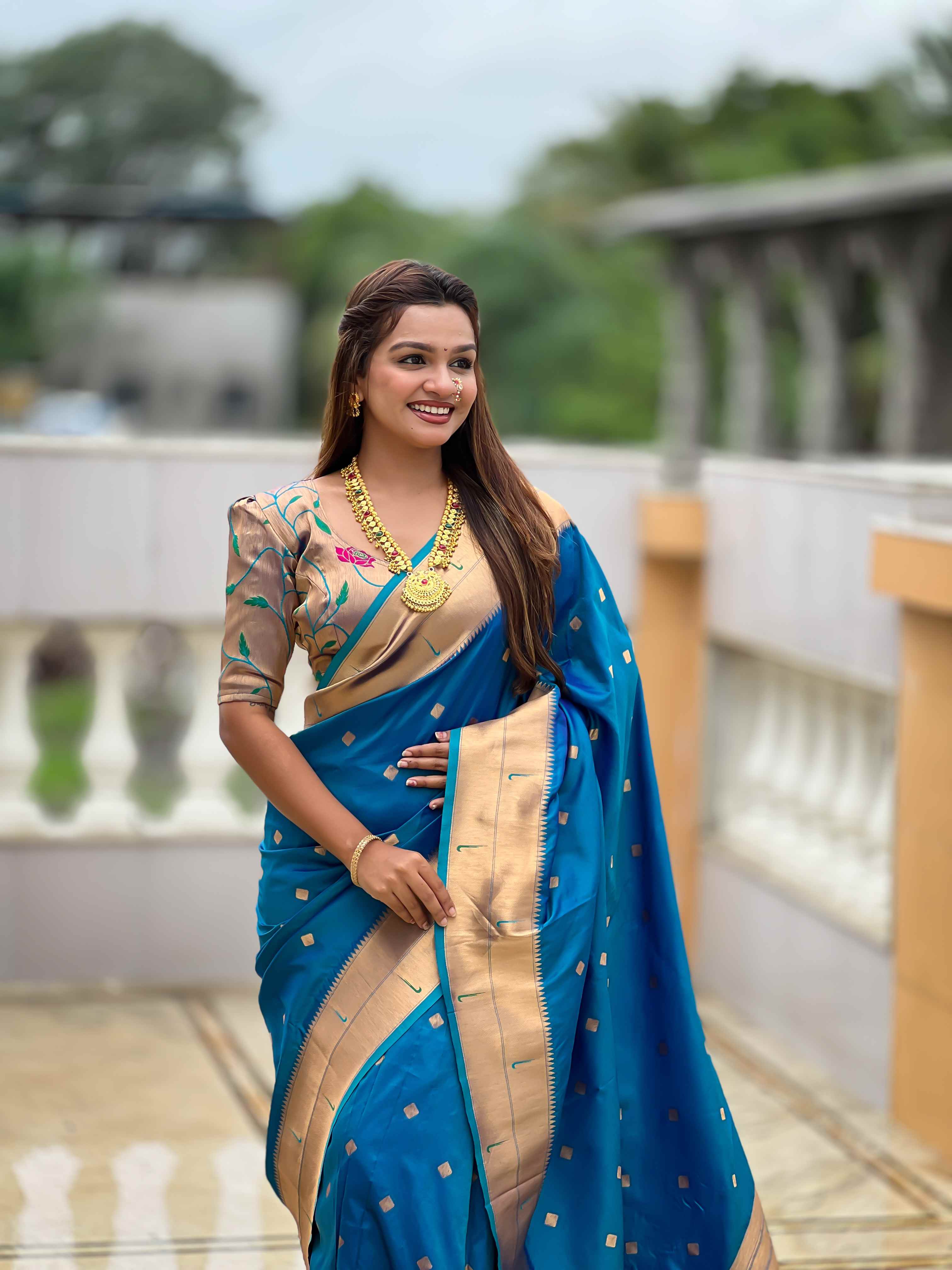 Firozi Paithani Silk Saree with Zari Weaving, Meenakari Pallu & Double Munia Border