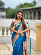 Firozi Paithani Silk Saree with Zari Weaving, Meenakari Pallu & Double Munia Border