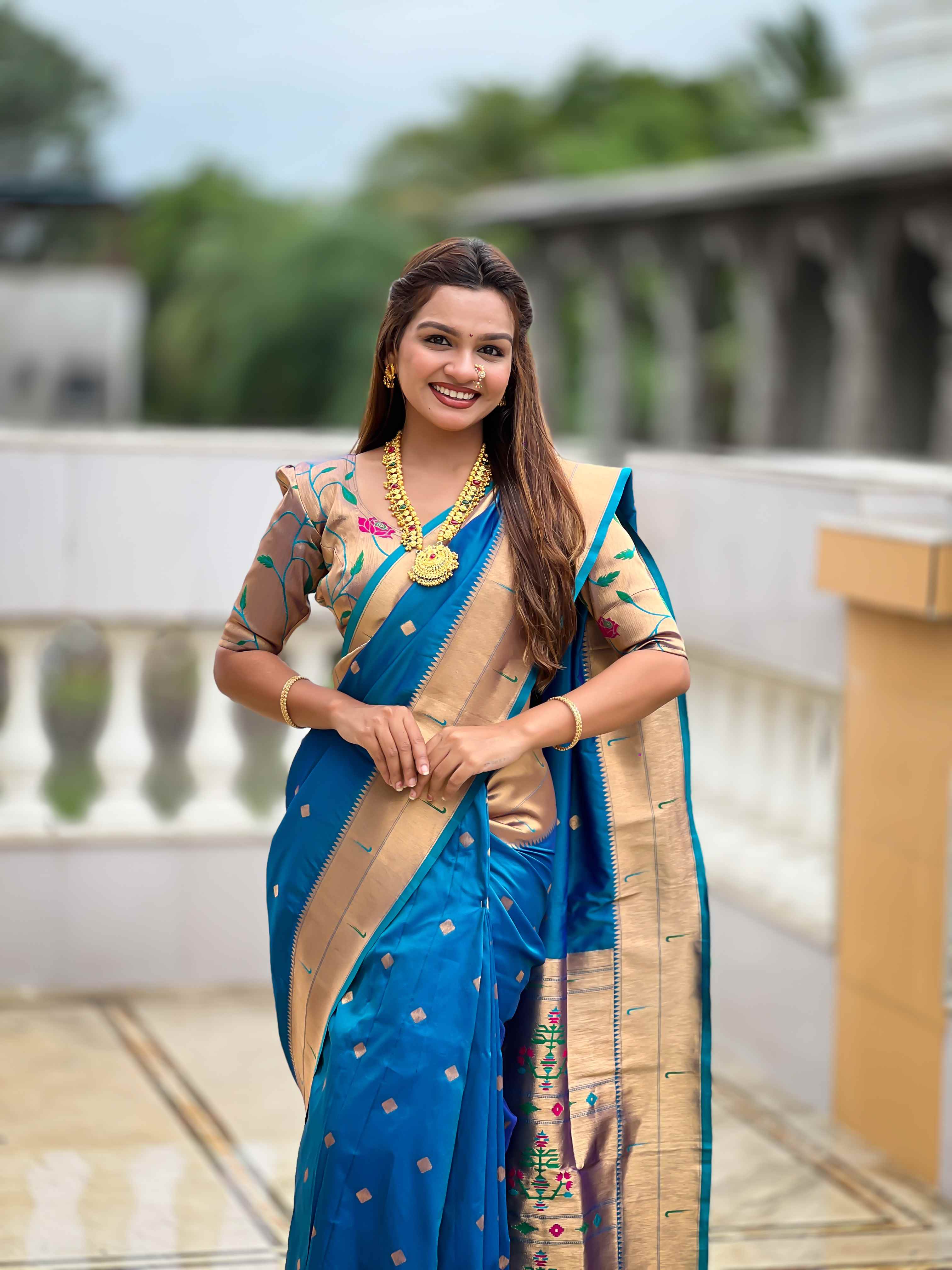 Firozi Paithani Silk Saree with Zari Weaving, Meenakari Pallu & Double Munia Border