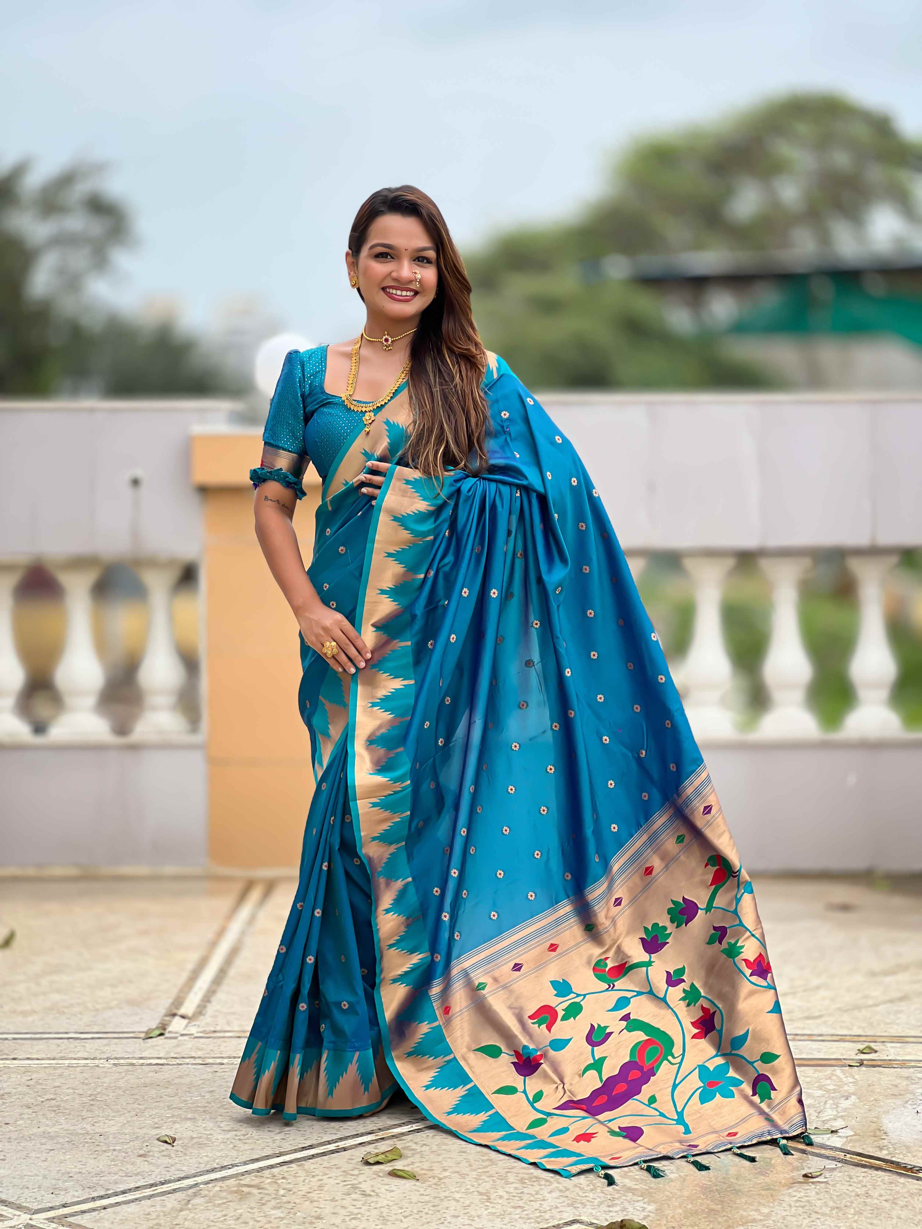 Firozi Paithani Silk Saree with Meenakari Rich Pallu & Temple Weaving Border
