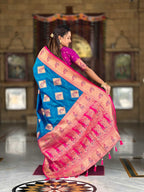 Firozi Soft Banarasi silk saree with zari weaving Meenakari design all over the saree & contrast weawing Rich pallu with contrast weawing border & tessels attached at Pallu End. Blouse :- Soft silk weawing blouse piece