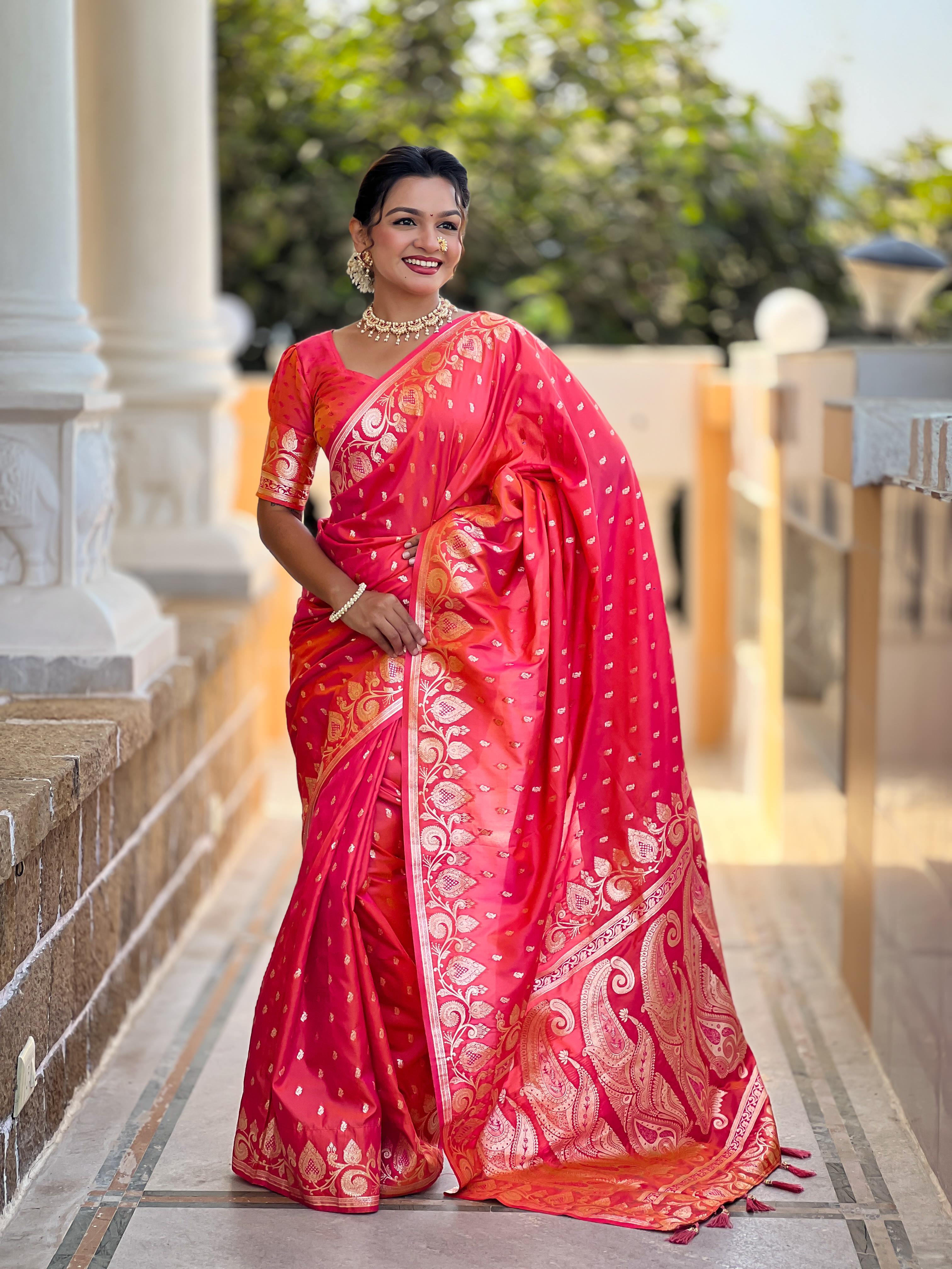 Gajari Varni Fabrics Women Anjir Geometric Banarasi Silk Tassels and Latkans Saree comes With Matching Blouse