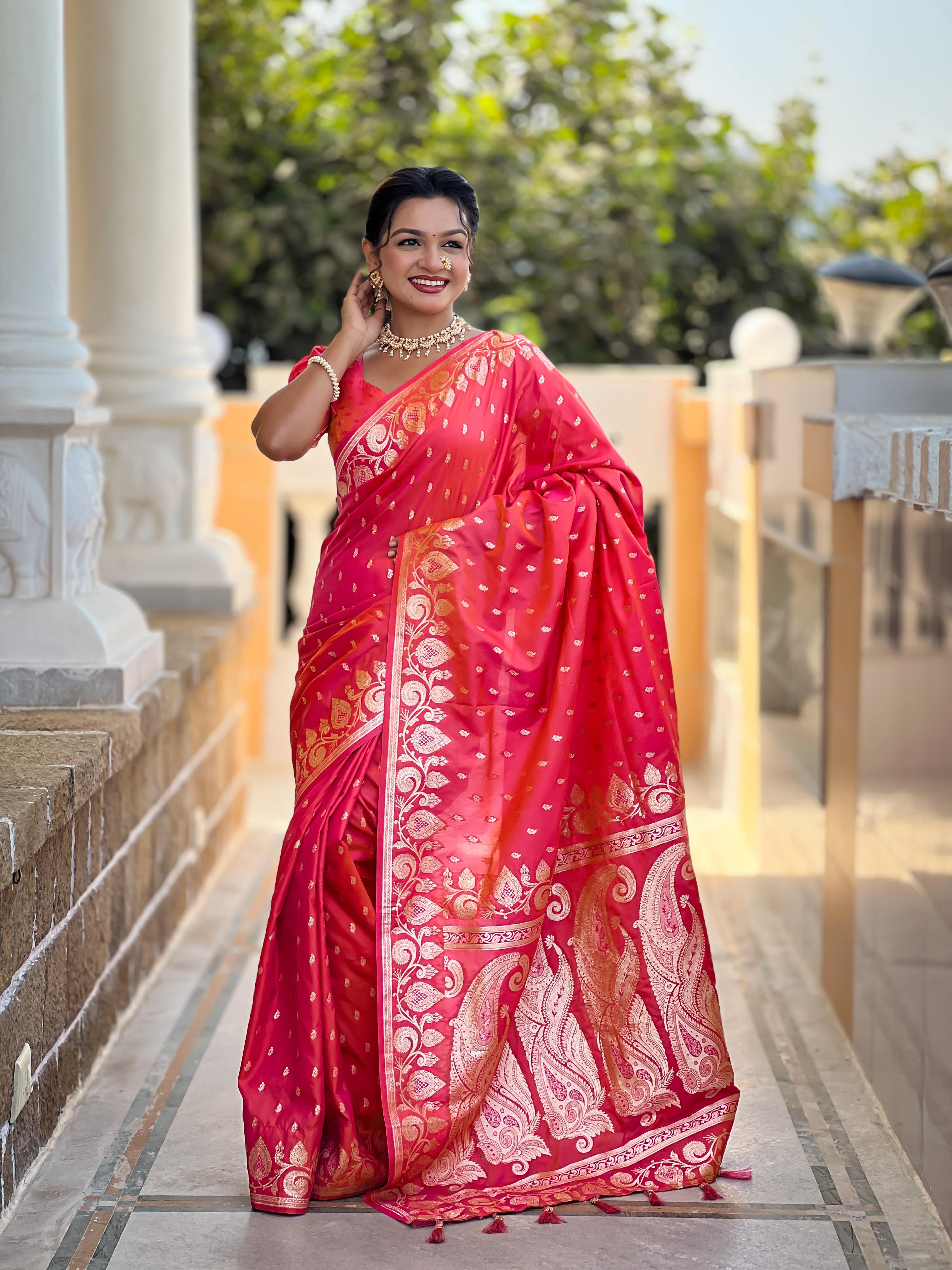 Gajari Varni Fabrics Women Anjir Geometric Banarasi Silk Tassels and Latkans Saree comes With Matching Blouse
