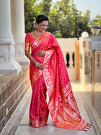 Gajari Varni Fabrics Women Anjir Geometric Banarasi Silk Tassels and Latkans Saree comes With Matching Blouse