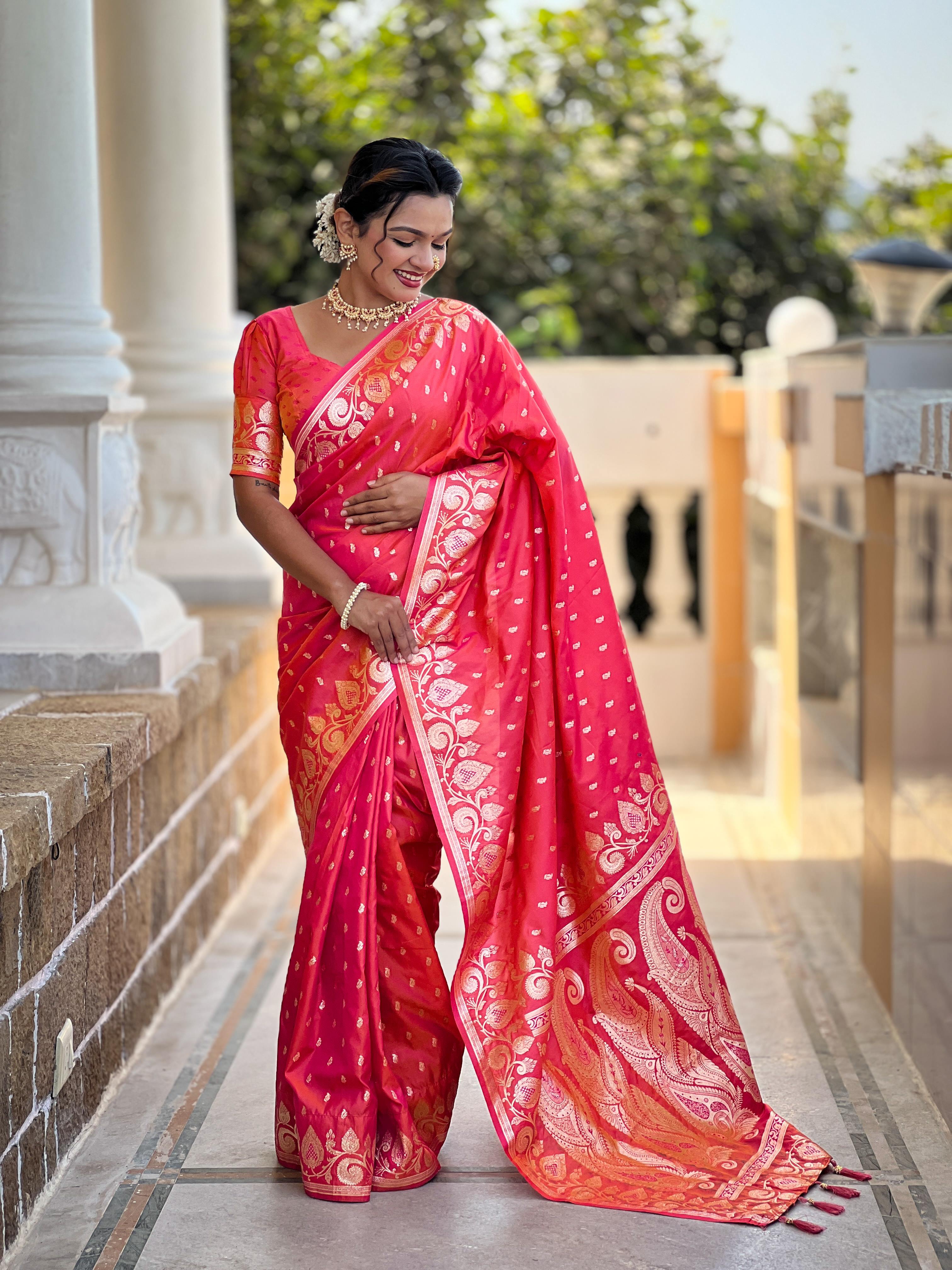 Gajari Varni Fabrics Women Anjir Geometric Banarasi Silk Tassels and Latkans Saree comes With Matching Blouse