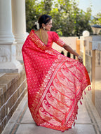 Gajari Varni Fabrics Women Anjir Geometric Banarasi Silk Tassels and Latkans Saree comes With Matching Blouse