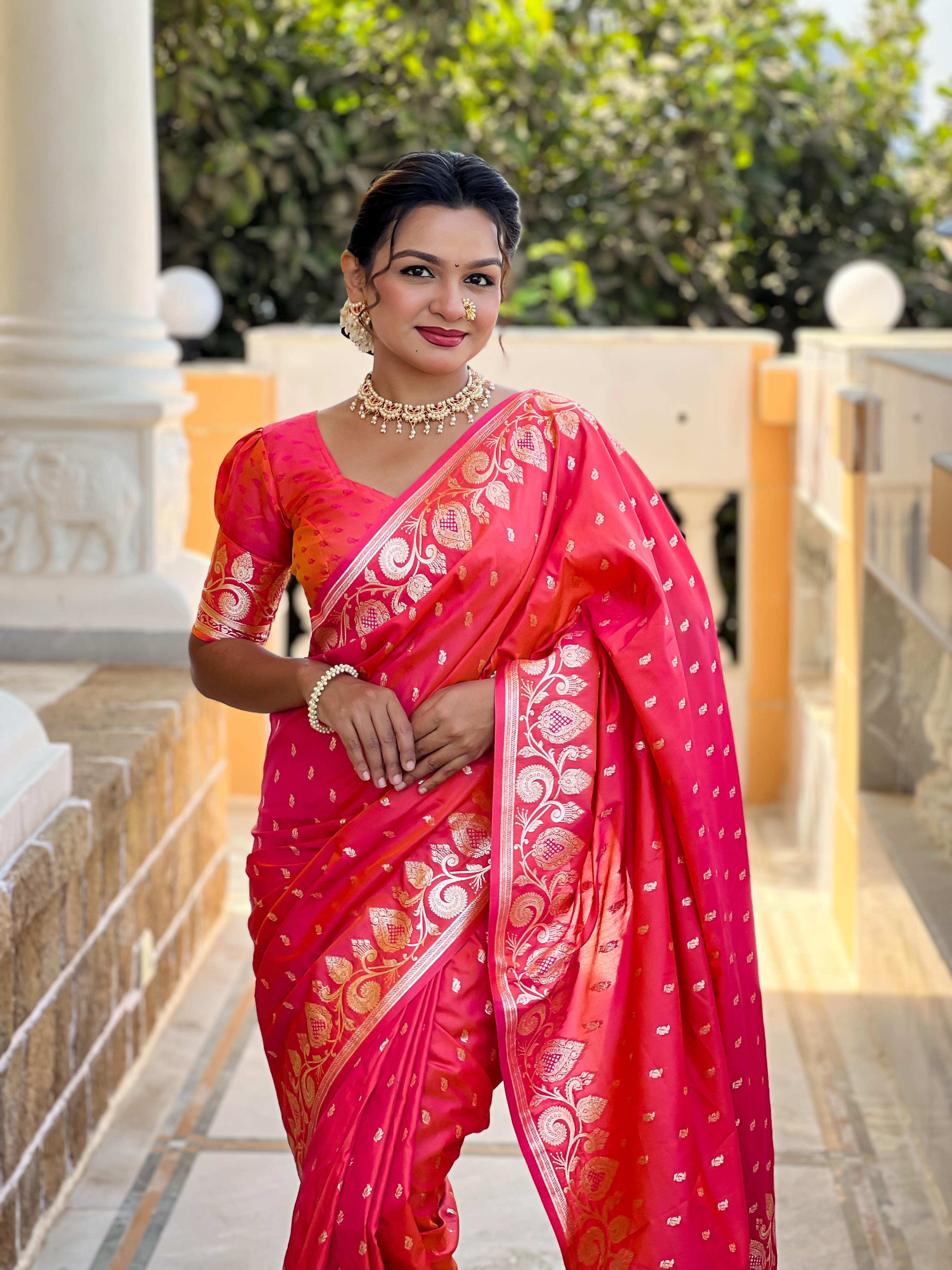 Gajari Varni Fabrics Women Anjir Geometric Banarasi Silk Tassels and Latkans Saree comes With Matching Blouse