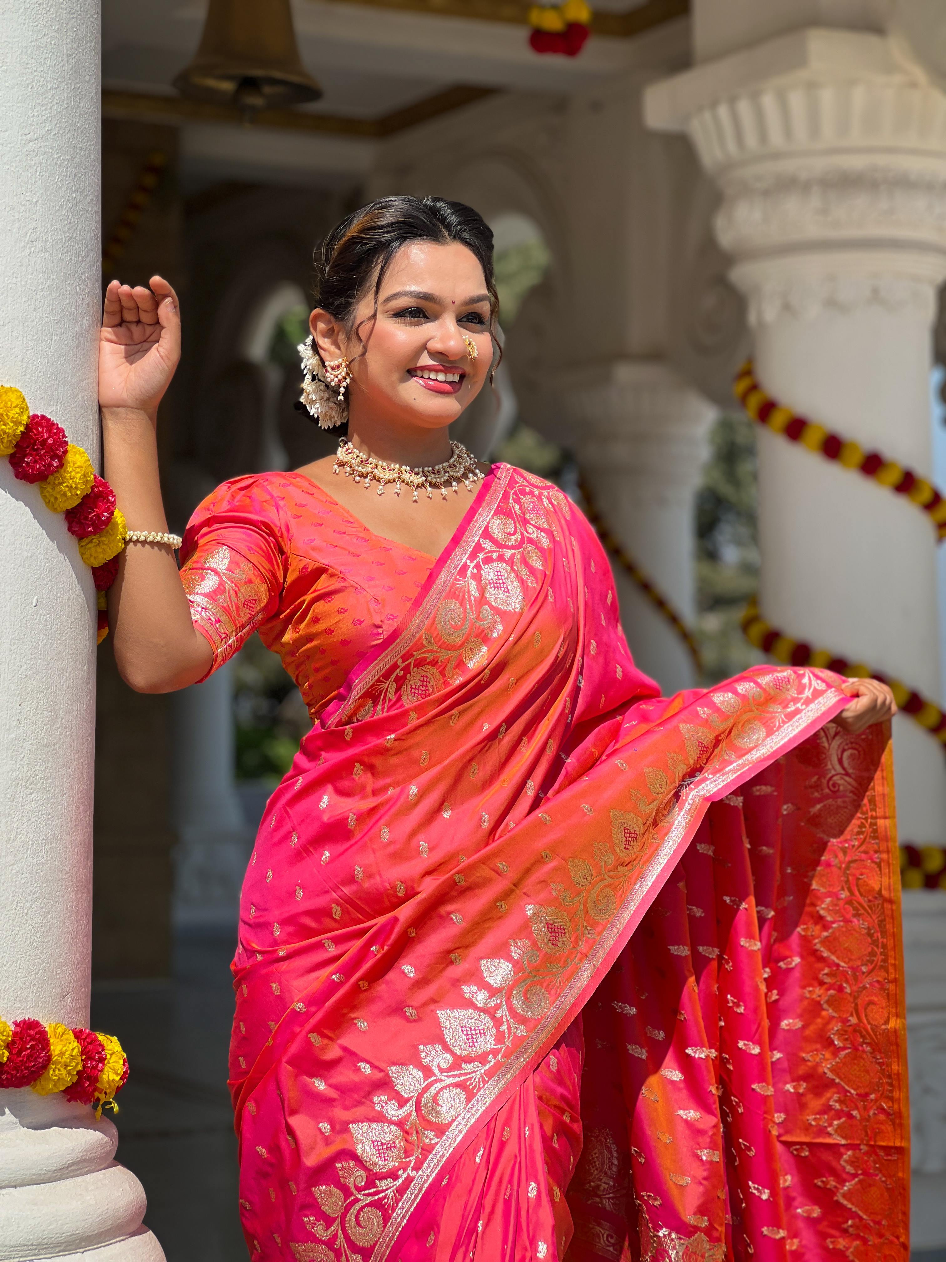 Gajari Varni Fabrics Women Anjir Geometric Banarasi Silk Tassels and Latkans Saree comes With Matching Blouse