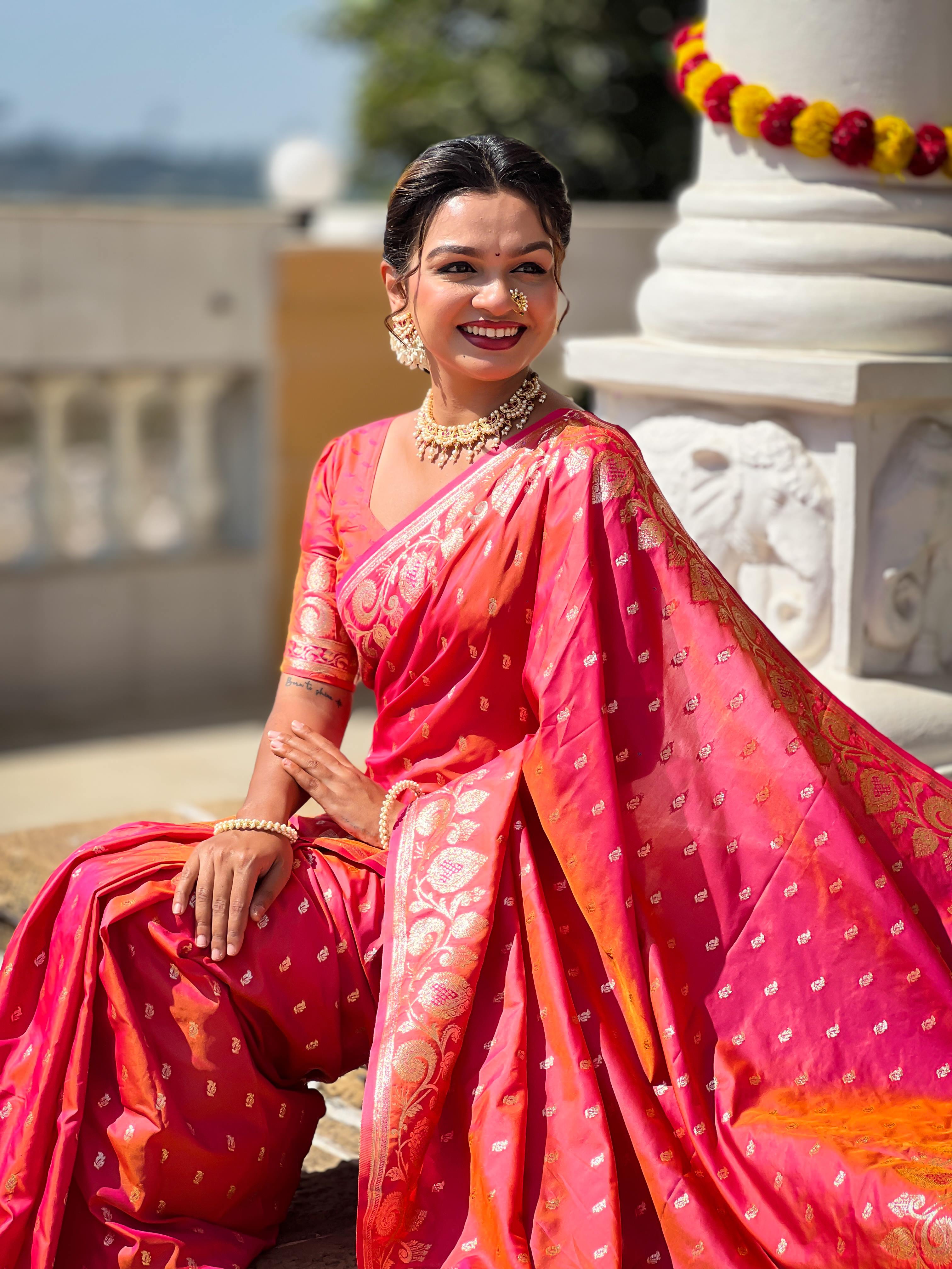 Gajari Varni Fabrics Women Anjir Geometric Banarasi Silk Tassels and Latkans Saree comes With Matching Blouse
