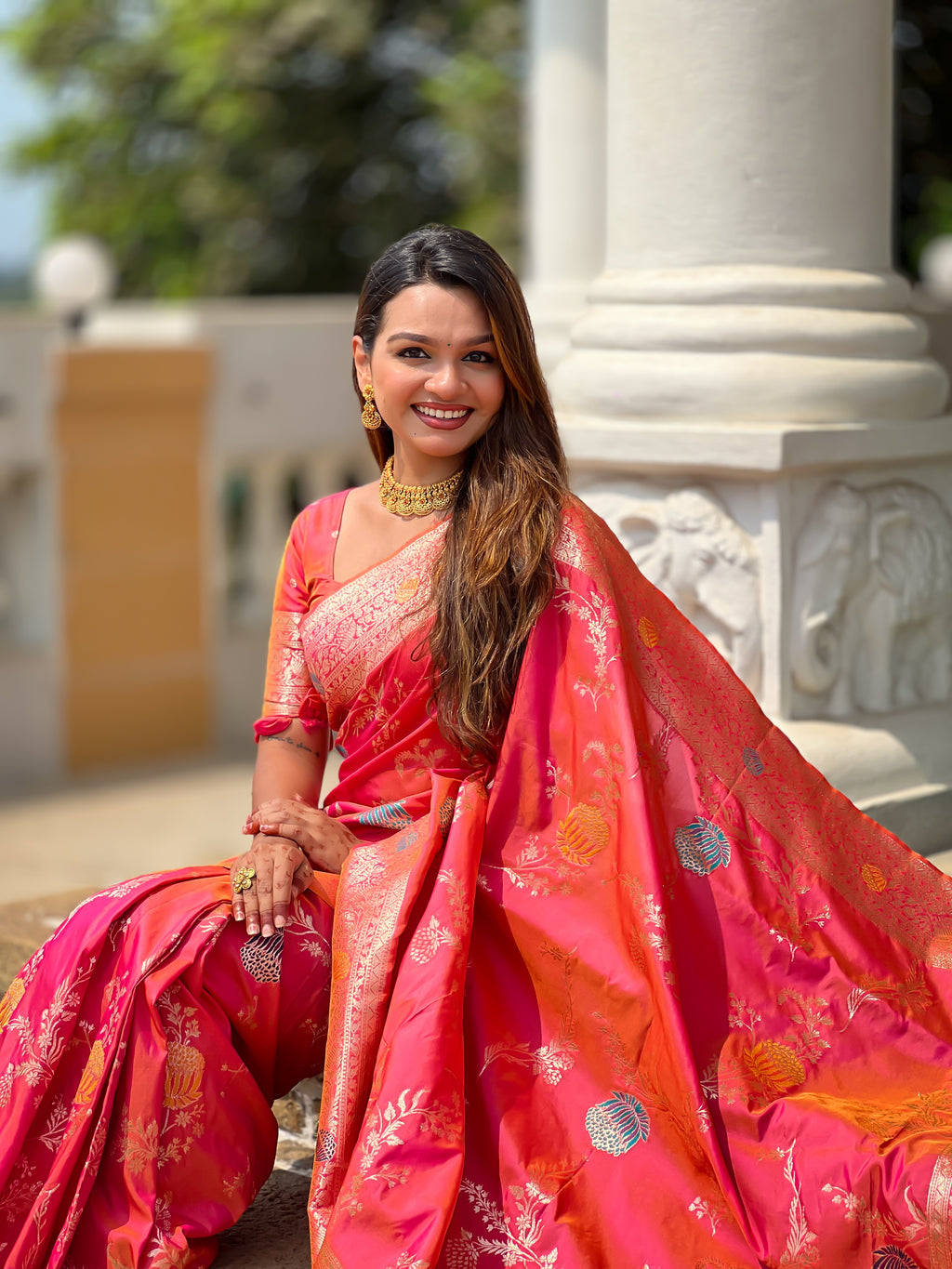 Rani Pink Designer Banarasi Silk Saree for Women – Aqua Green Woven Floral Saree with Blouse