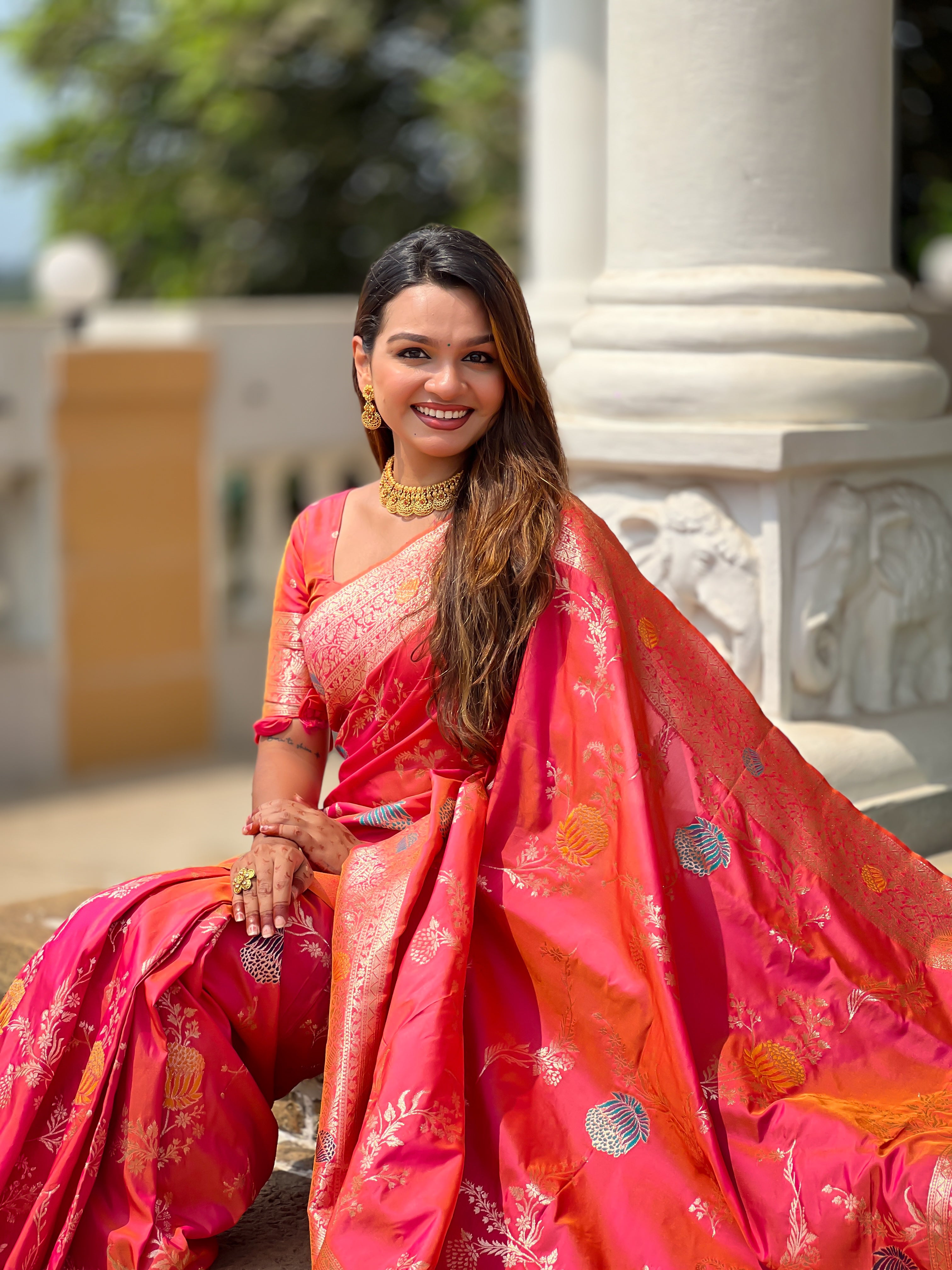 Rani Pink Designer Banarasi Silk Saree for Women – Aqua Green Woven Floral Saree with Blouse