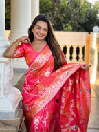 Pink Varni Fabrics Women Floral Banarasi Silk Woven Saree comes With Matching Blouse