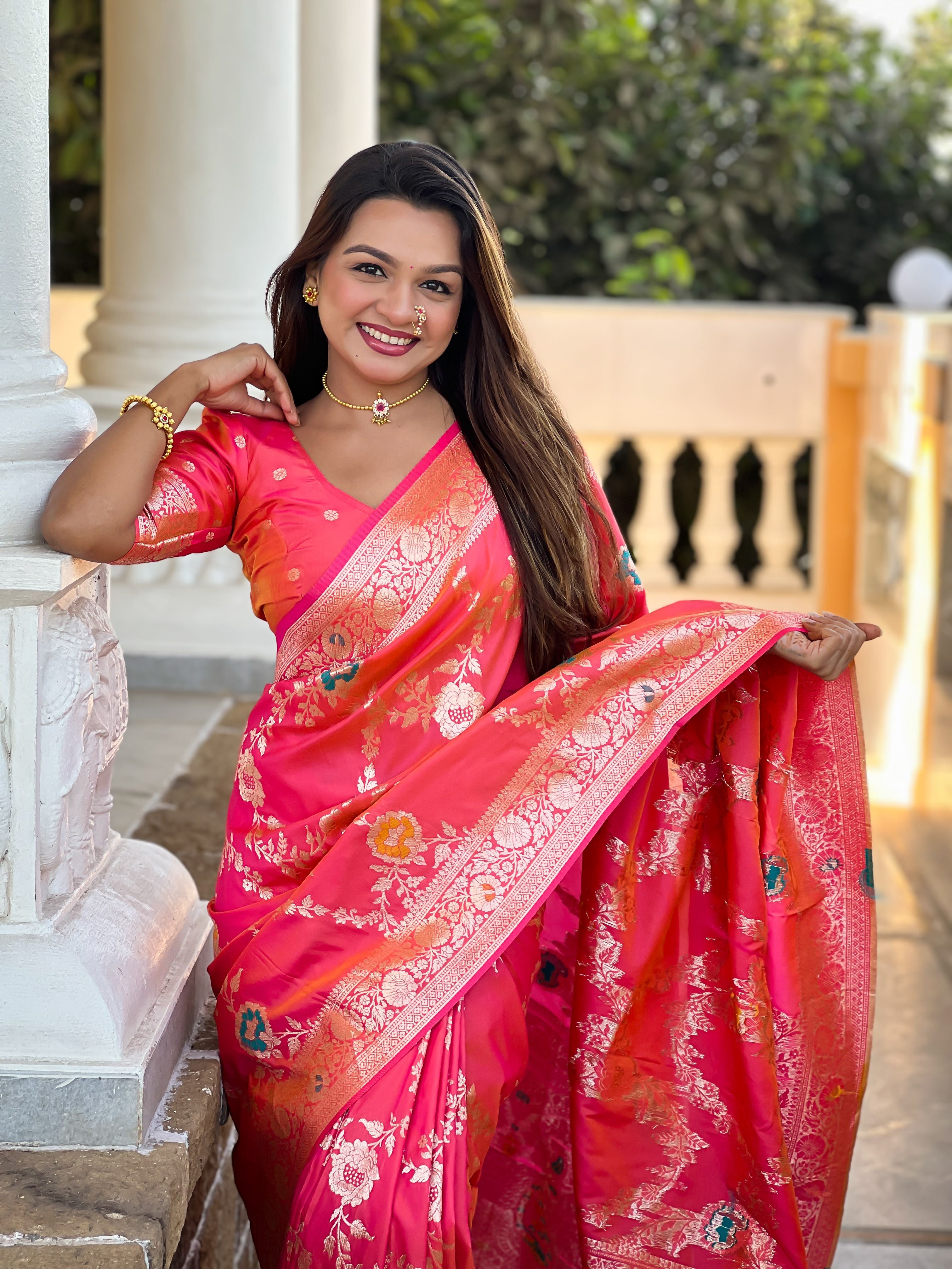 Pink Varni Fabrics Women Floral Banarasi Silk Woven Saree comes With Matching Blouse