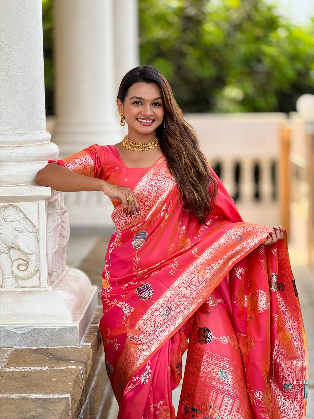 Rani Pink Designer Banarasi Silk Saree for Women – Aqua Green Woven Floral Saree with Blouse