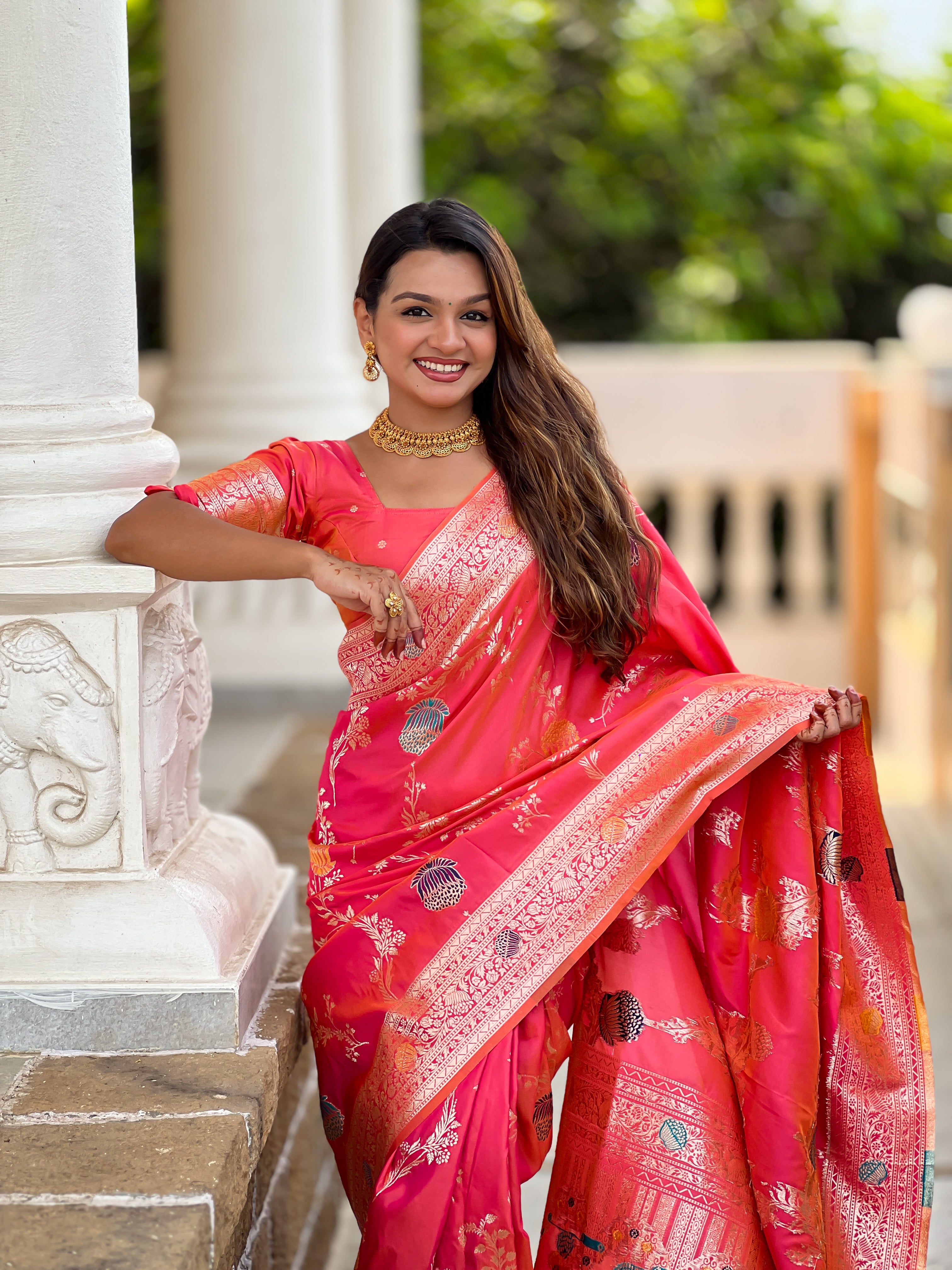 Rani Pink Designer Banarasi Silk Saree for Women – Aqua Green Woven Floral Saree with Blouse