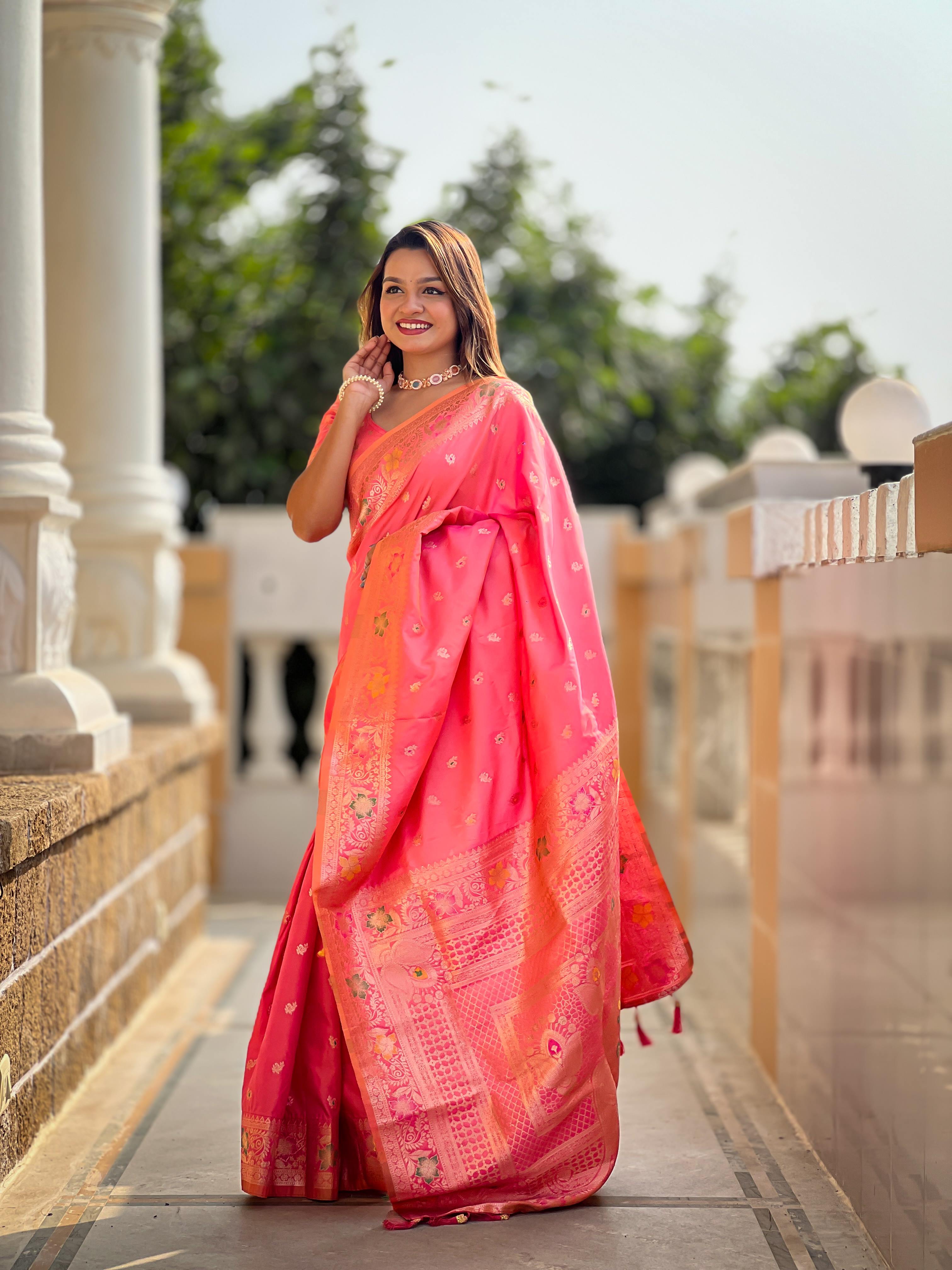 Pink Varni Fabrics Women Paisley Banarasi Silk Embellished Saree comes With Matching Blouse