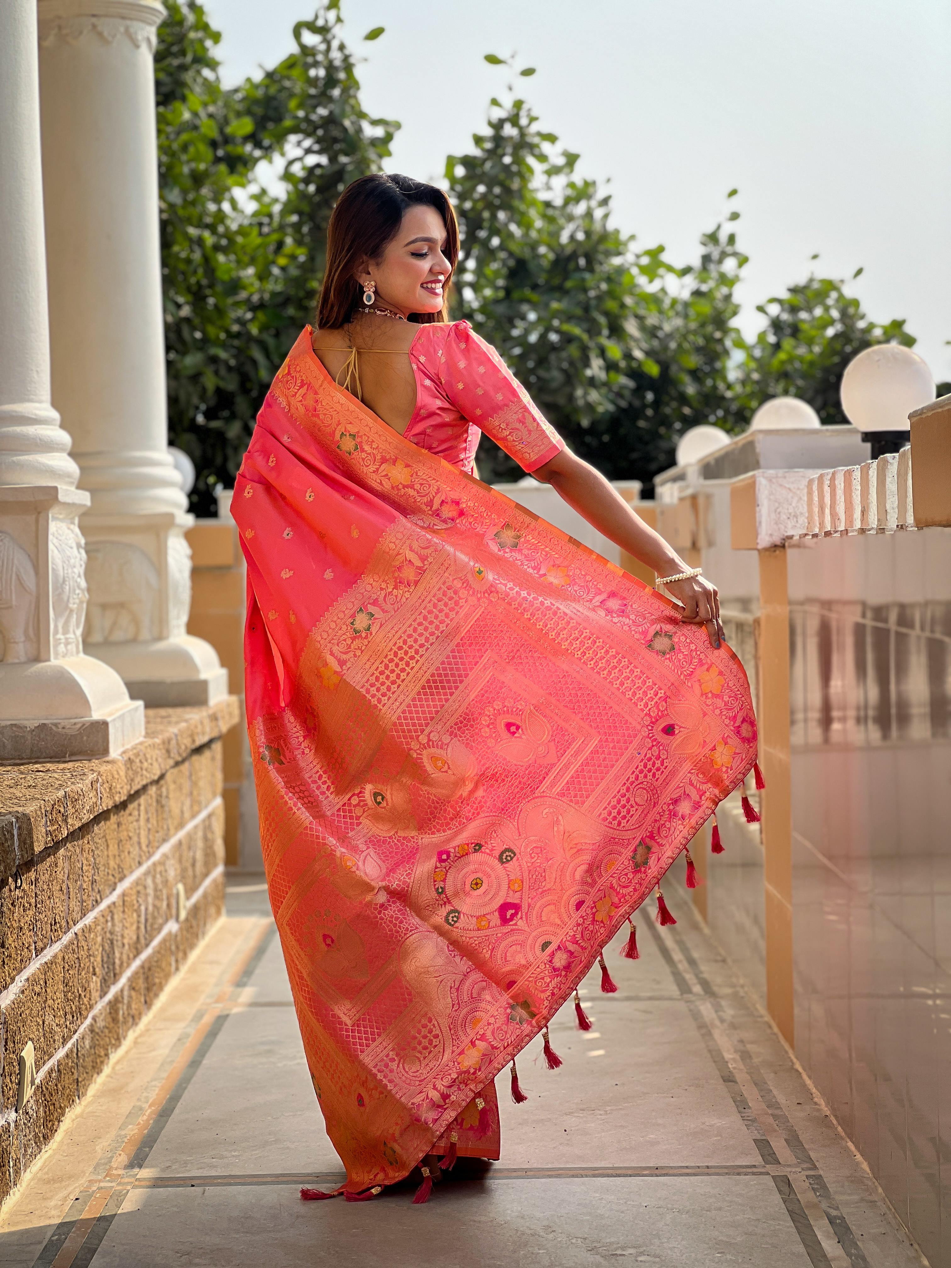 Pink Varni Fabrics Women Paisley Banarasi Silk Embellished Saree comes With Matching Blouse