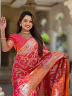 Pink Varni Fabrics Women Geometric Banarasi Silk Tassels and Latkans Saree comes With Matching Blouse
