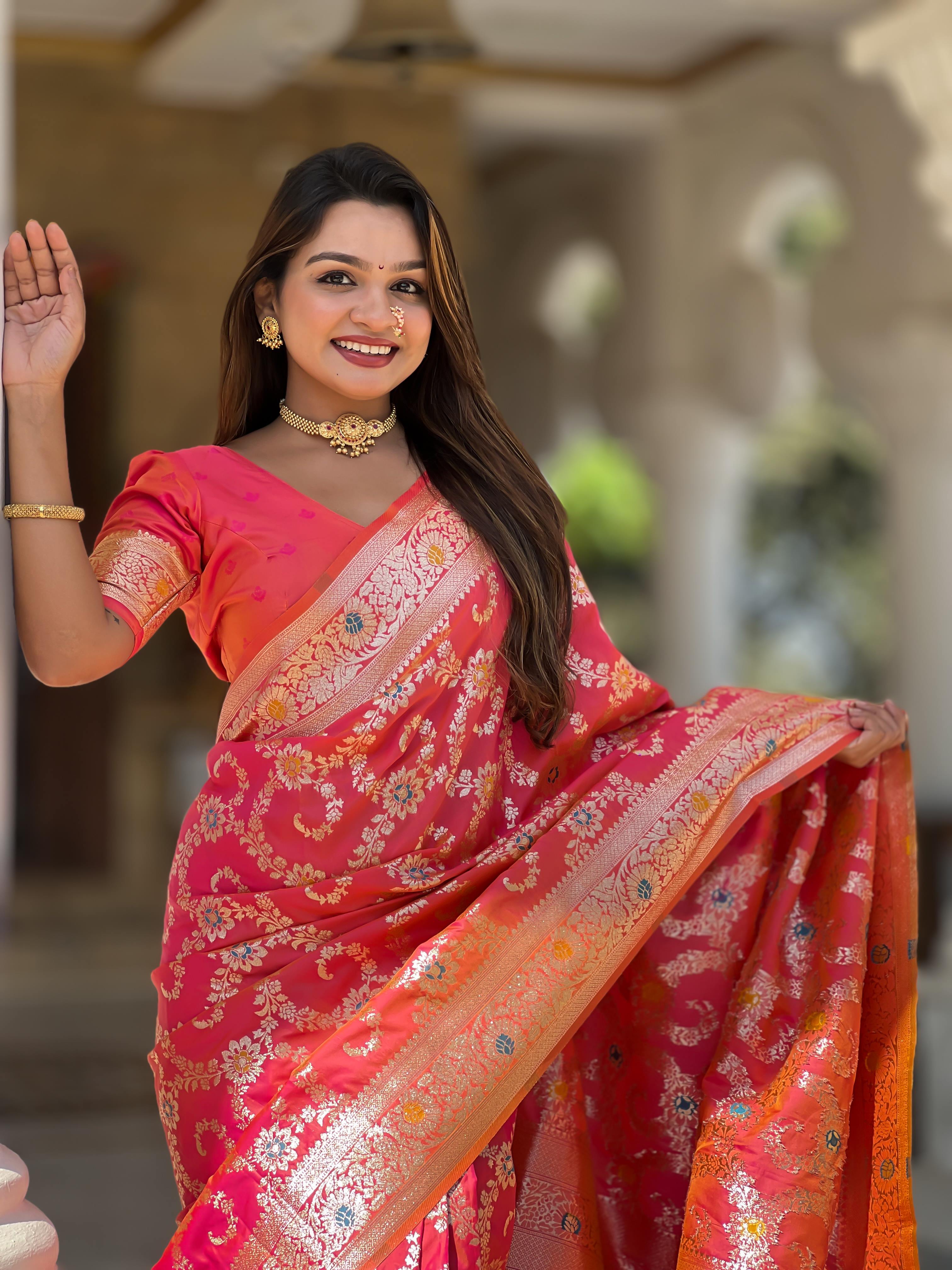 Pink Varni Fabrics Women Geometric Banarasi Silk Tassels and Latkans Saree comes With Matching Blouse
