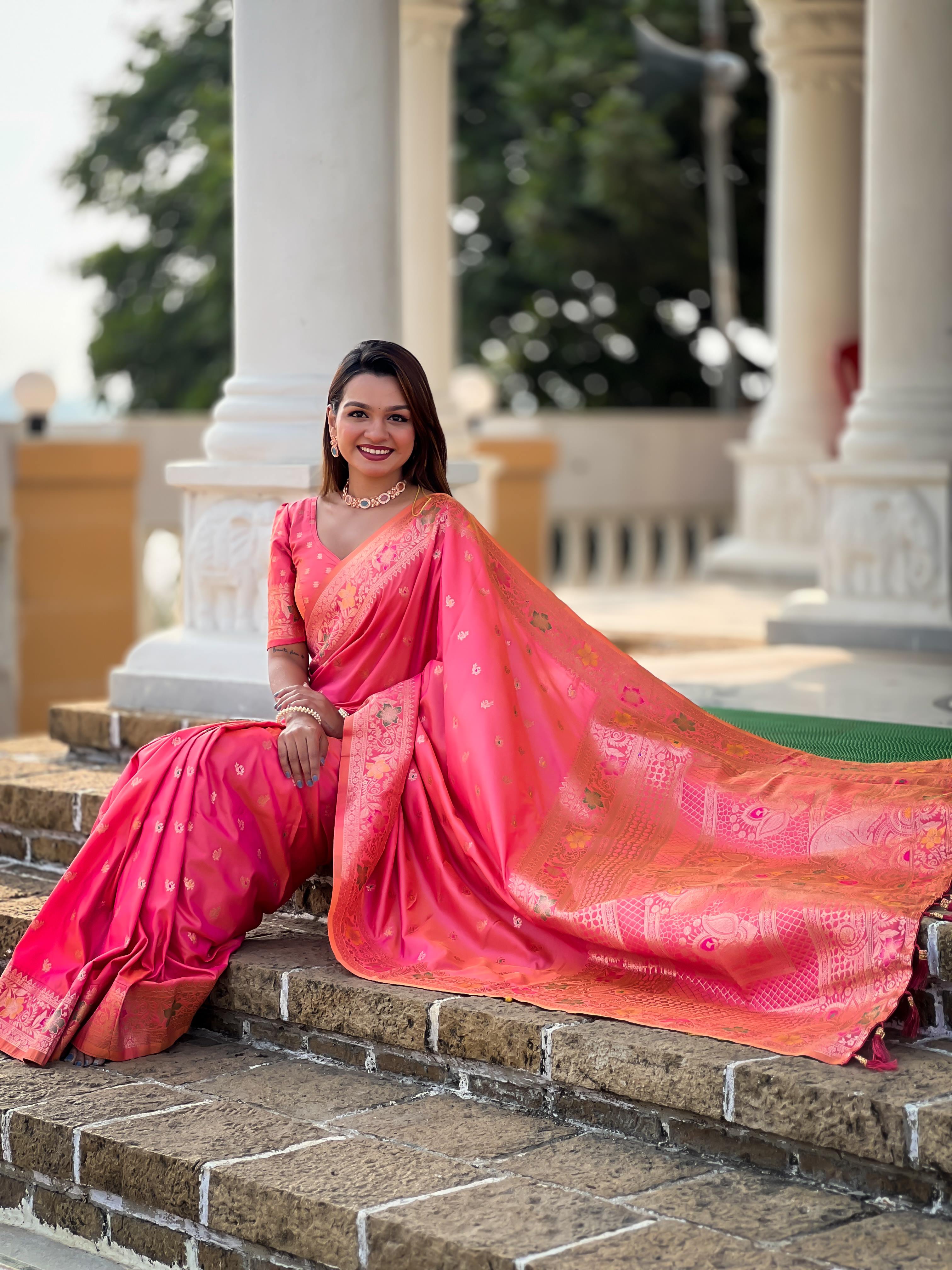 Pink Varni Fabrics Women Paisley Banarasi Silk Embellished Saree comes With Matching Blouse