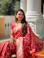 Pink Varni Fabrics Women Geometric Banarasi Silk Tassels and Latkans Saree comes With Matching Blouse