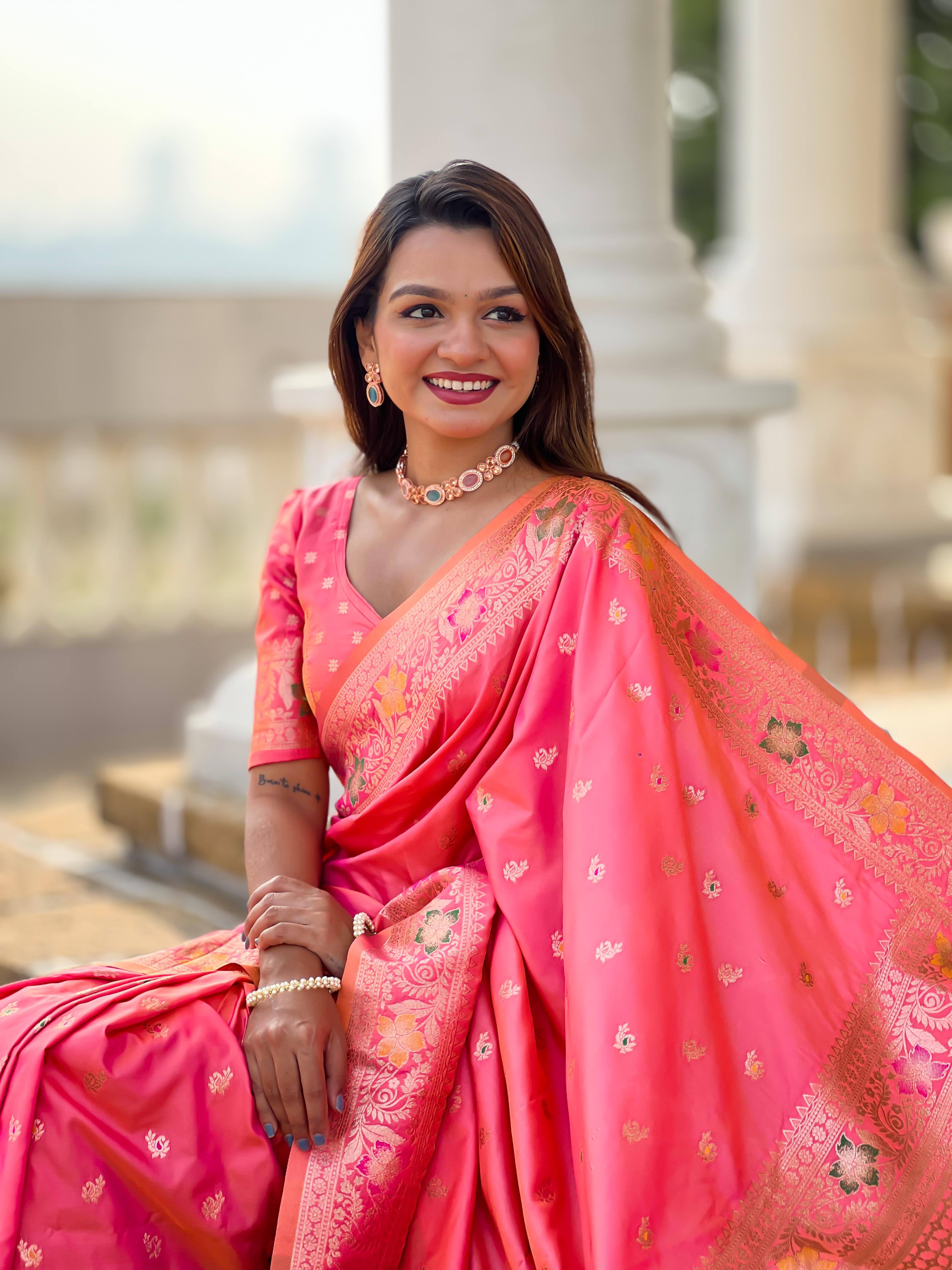 Pink Varni Fabrics Women Paisley Banarasi Silk Embellished Saree comes With Matching Blouse