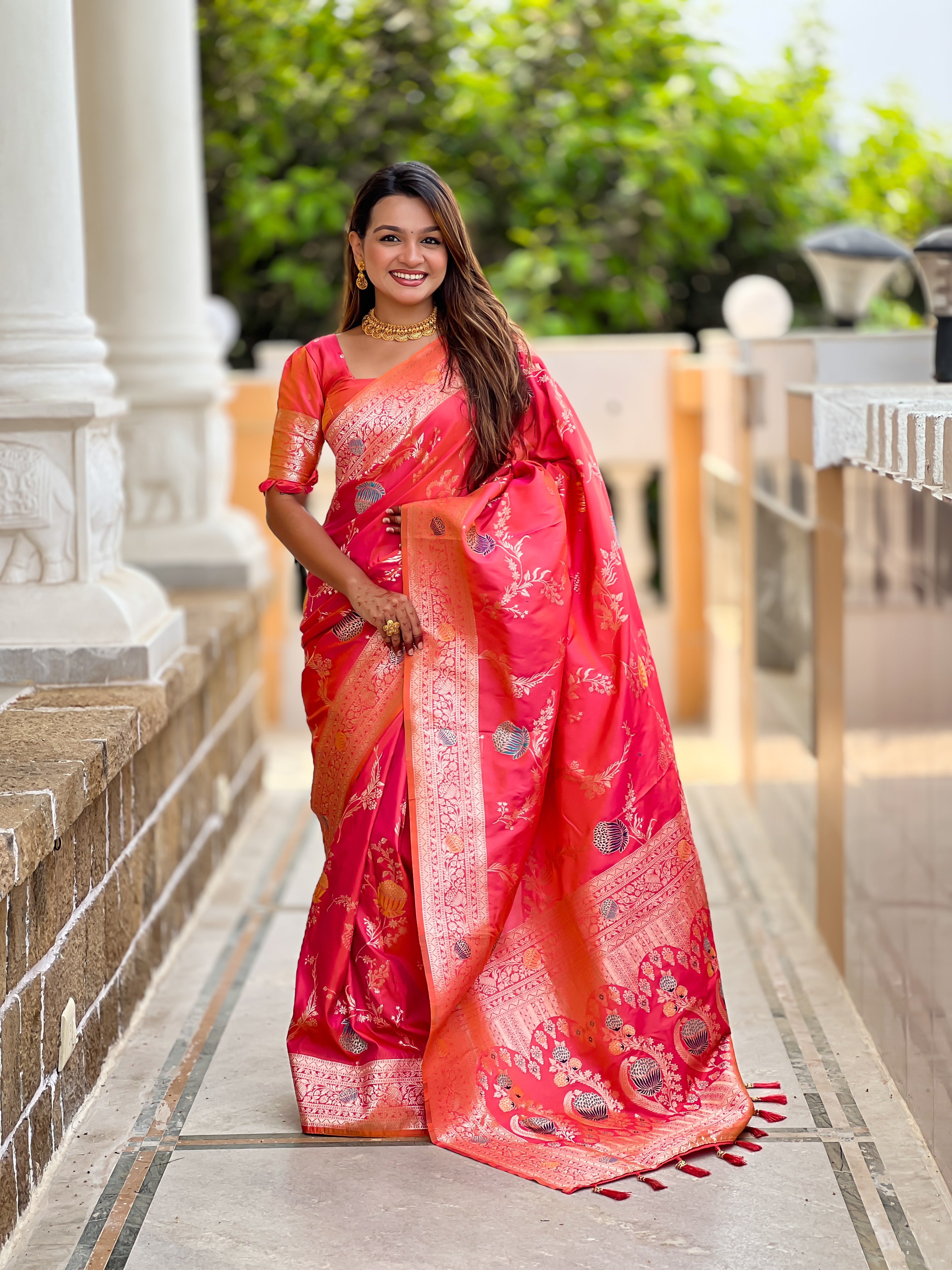 Rani Pink Designer Banarasi Silk Saree for Women – Aqua Green Woven Floral Saree with Blouse