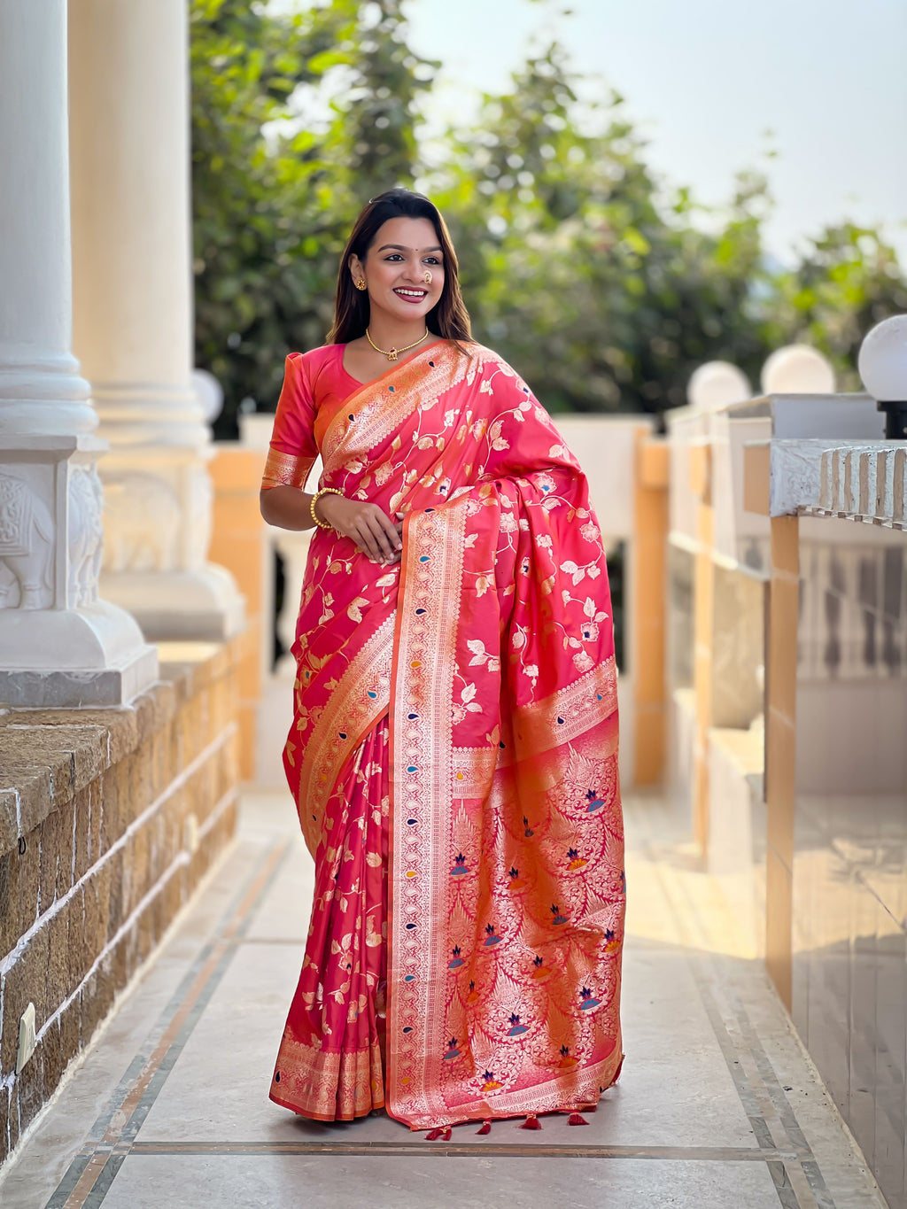 Pink Varni Fabrics Women's Traditional Banarasi Silk Saree with Woven Design & Blouse