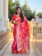 Pink Varni Fabrics Women Floral Banarasi Silk Woven Saree comes With Matching Blouse