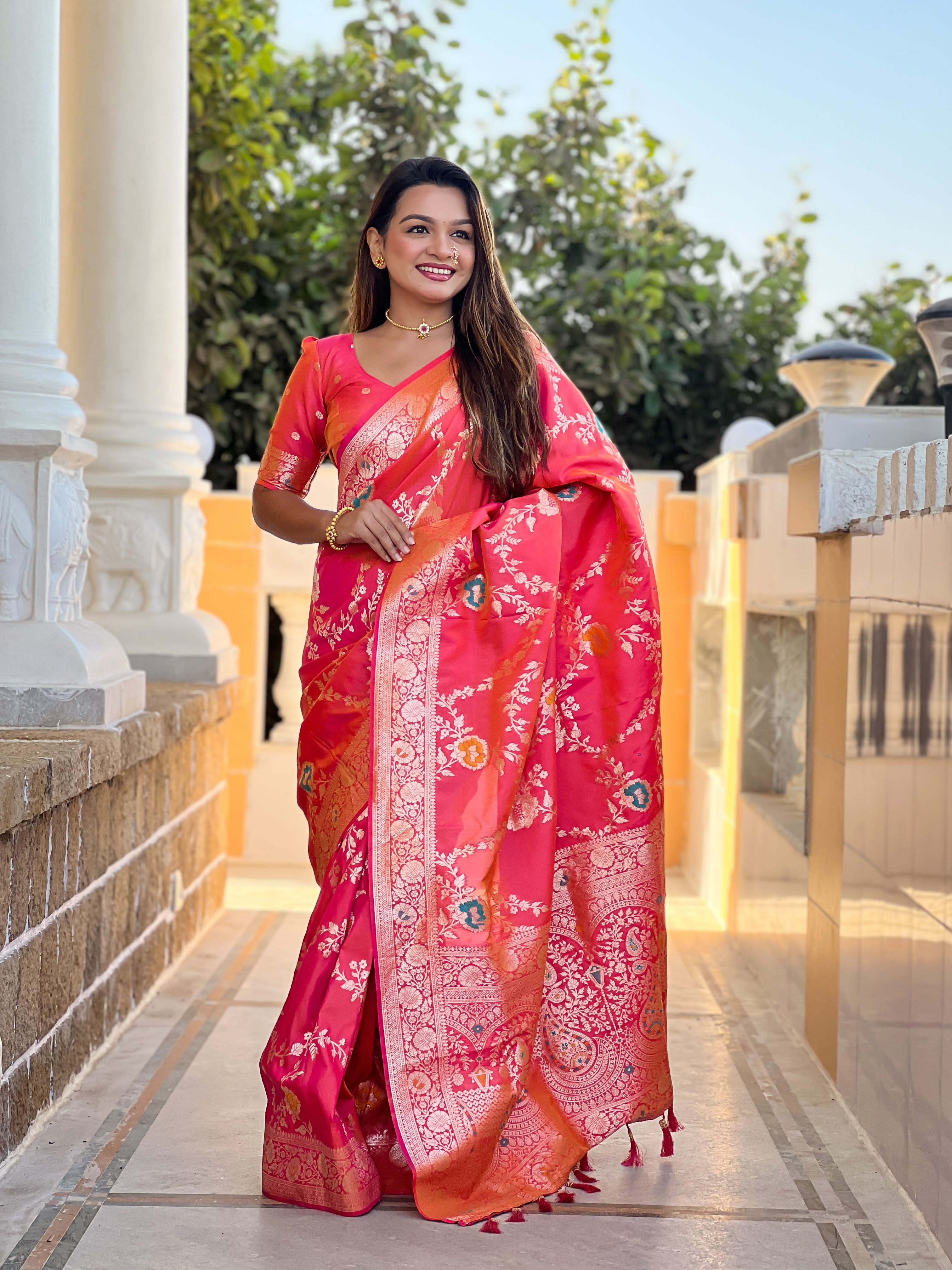 Pink Varni Fabrics Women Floral Banarasi Silk Woven Saree comes With Matching Blouse