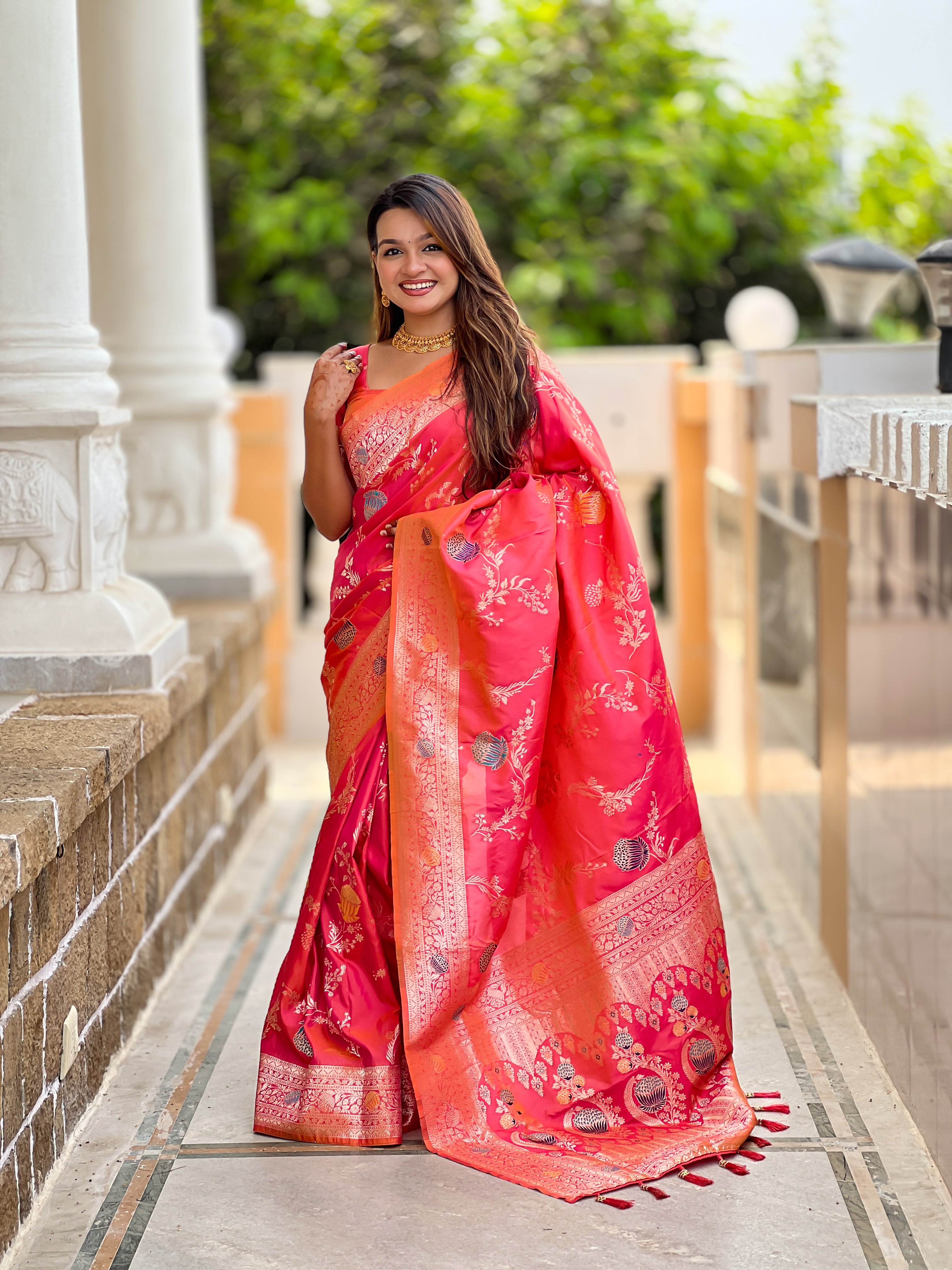 Rani Pink Designer Banarasi Silk Saree for Women – Aqua Green Woven Floral Saree with Blouse