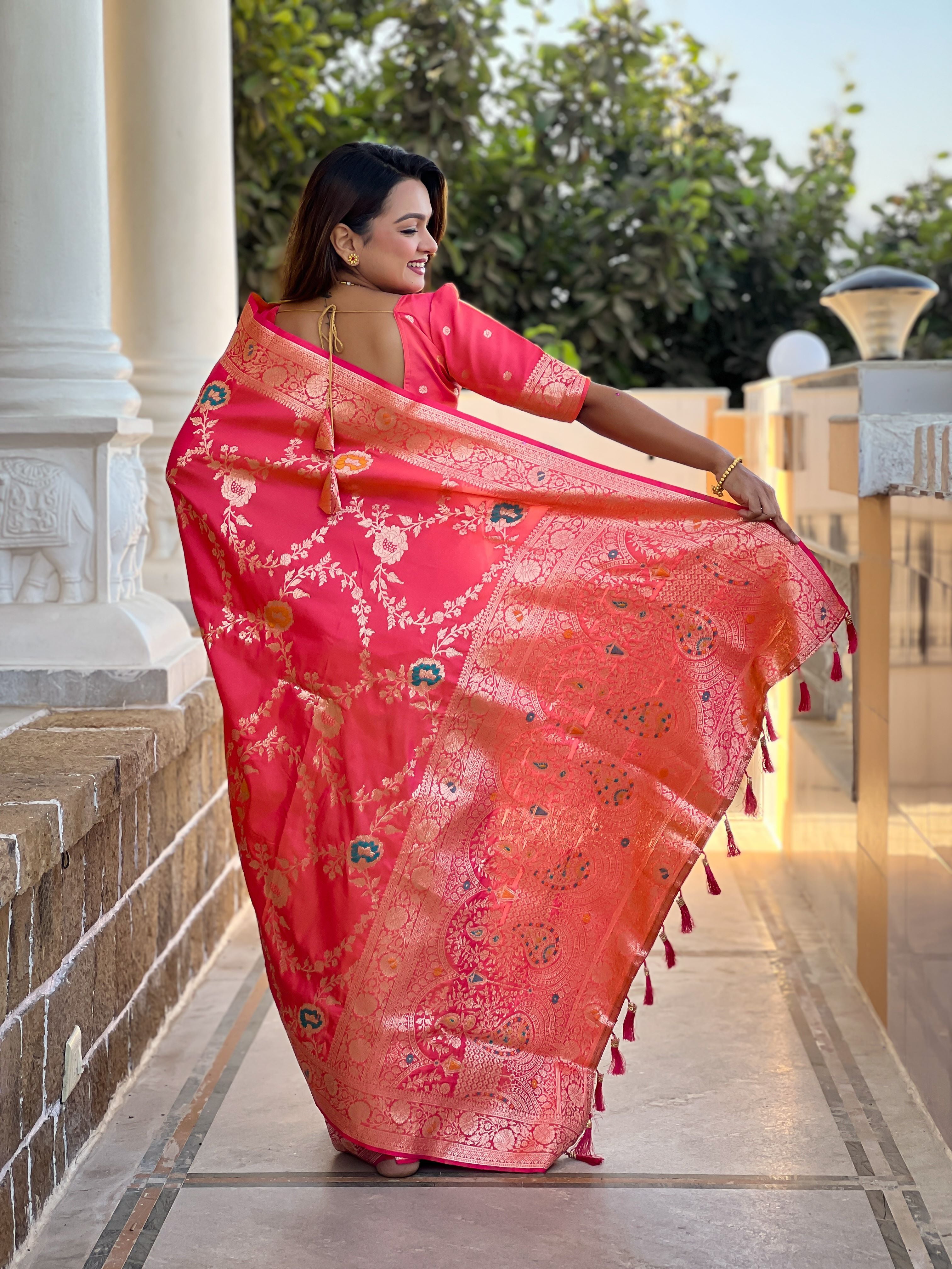 Pink Varni Fabrics Women Floral Banarasi Silk Woven Saree comes With Matching Blouse