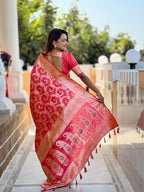 Pink Varni Fabrics Women Geometric Banarasi Silk Tassels and Latkans Saree comes With Matching Blouse