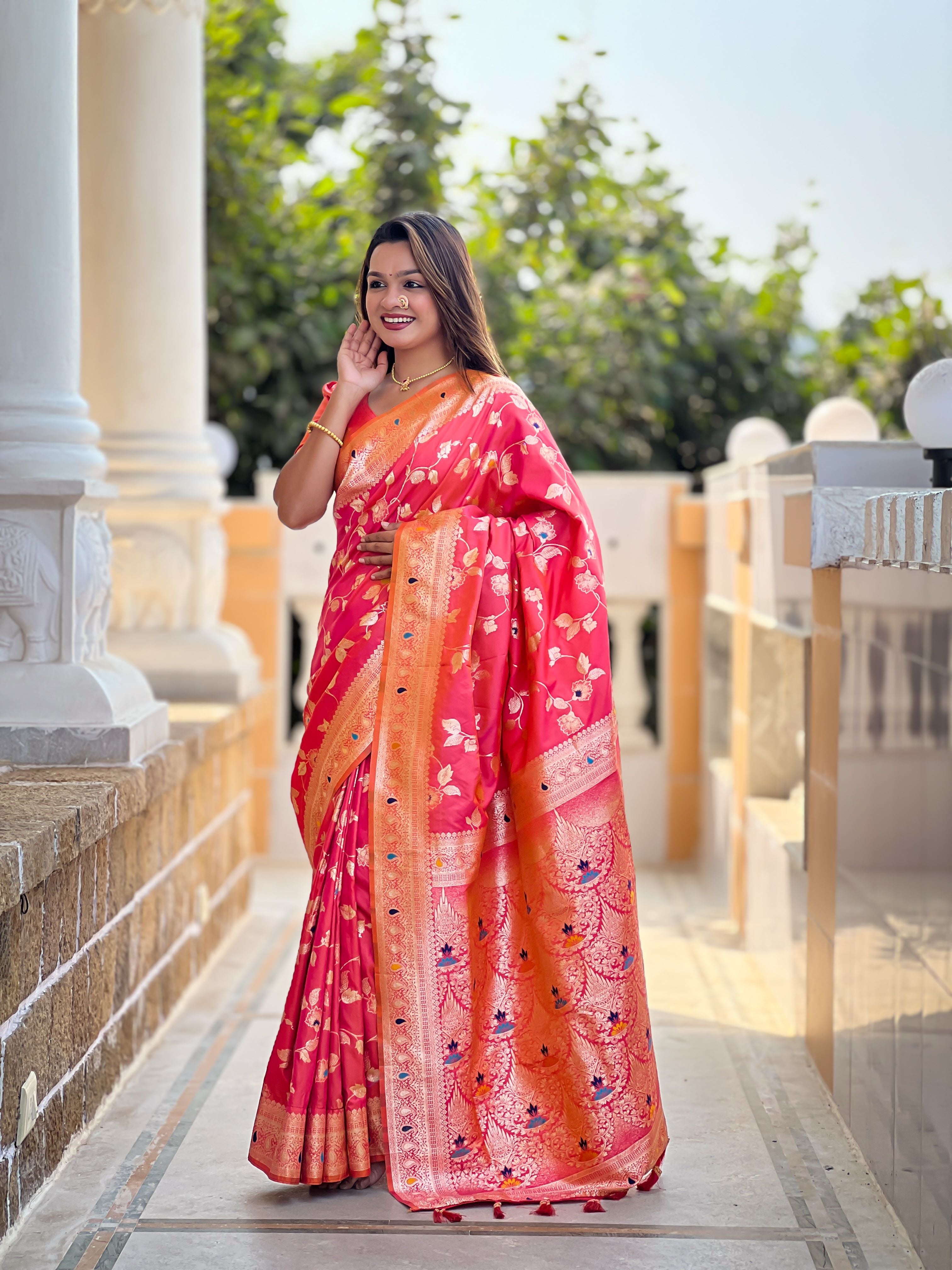 Pink Varni Fabrics Women's Traditional Banarasi Silk Saree with Woven Design & Blouse