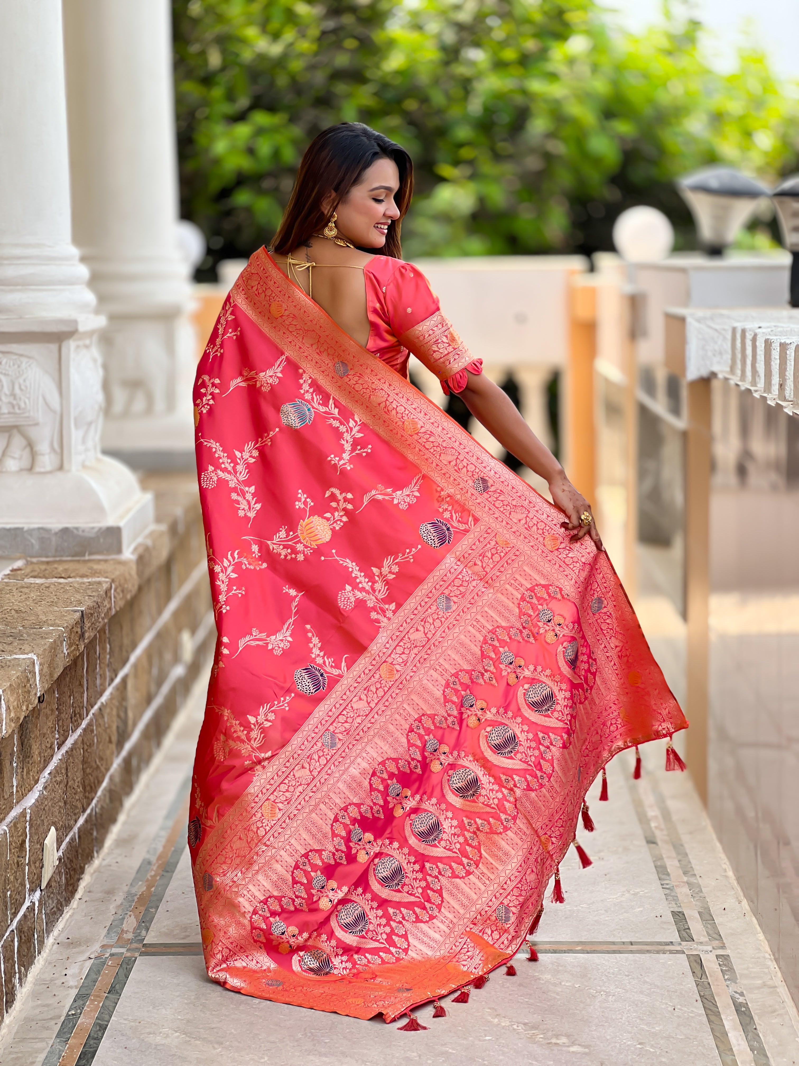 Rani Pink Designer Banarasi Silk Saree for Women – Aqua Green Woven Floral Saree with Blouse