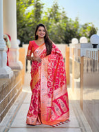 Pink Varni Fabrics Women Geometric Banarasi Silk Tassels and Latkans Saree comes With Matching Blouse