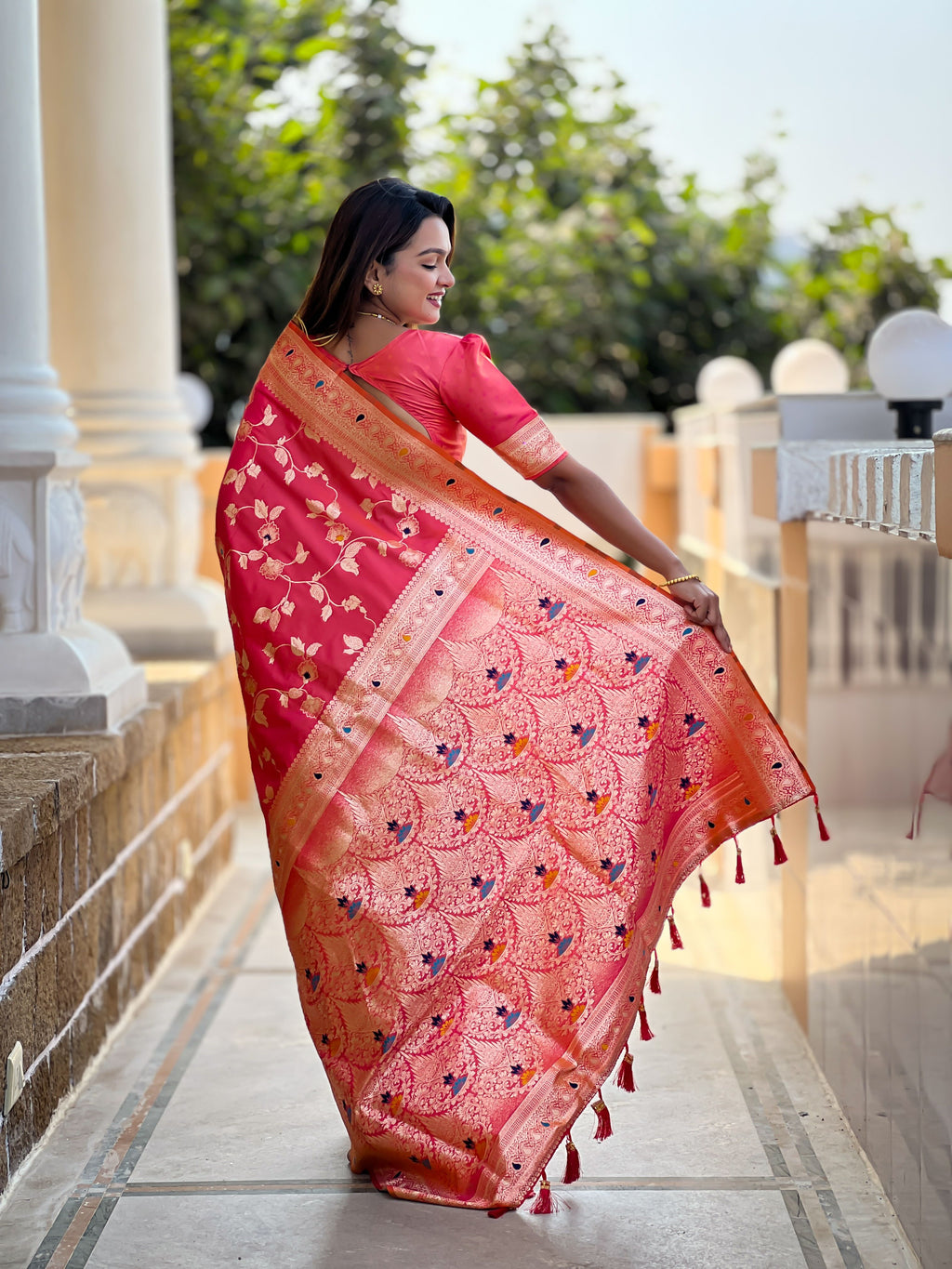 Pink Varni Fabrics Women's Traditional Banarasi Silk Saree with Woven Design & Blouse
