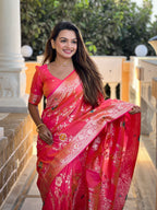 Pink Varni Fabrics Women Floral Banarasi Silk Woven Saree comes With Matching Blouse