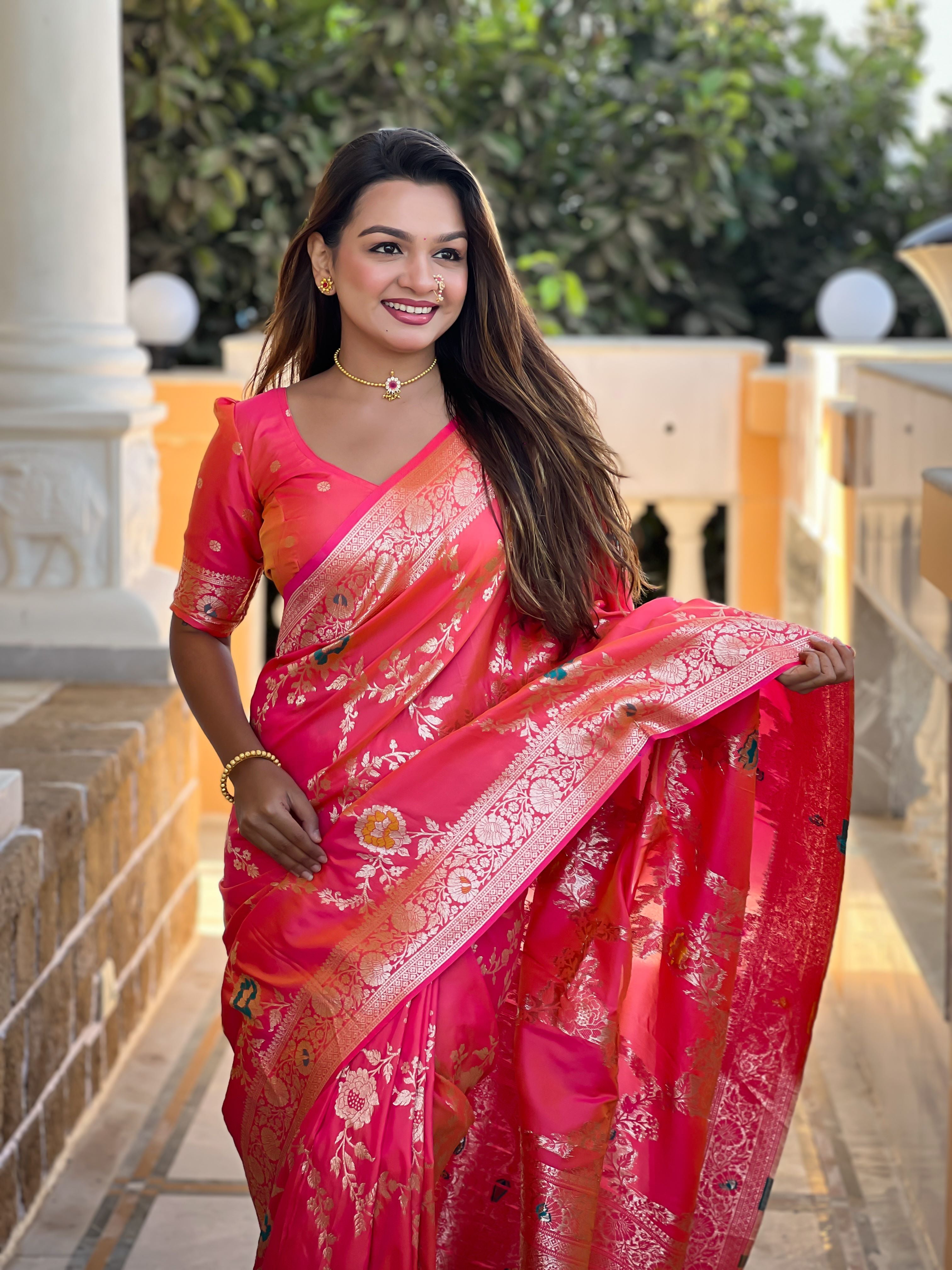 Pink Varni Fabrics Women Floral Banarasi Silk Woven Saree comes With Matching Blouse