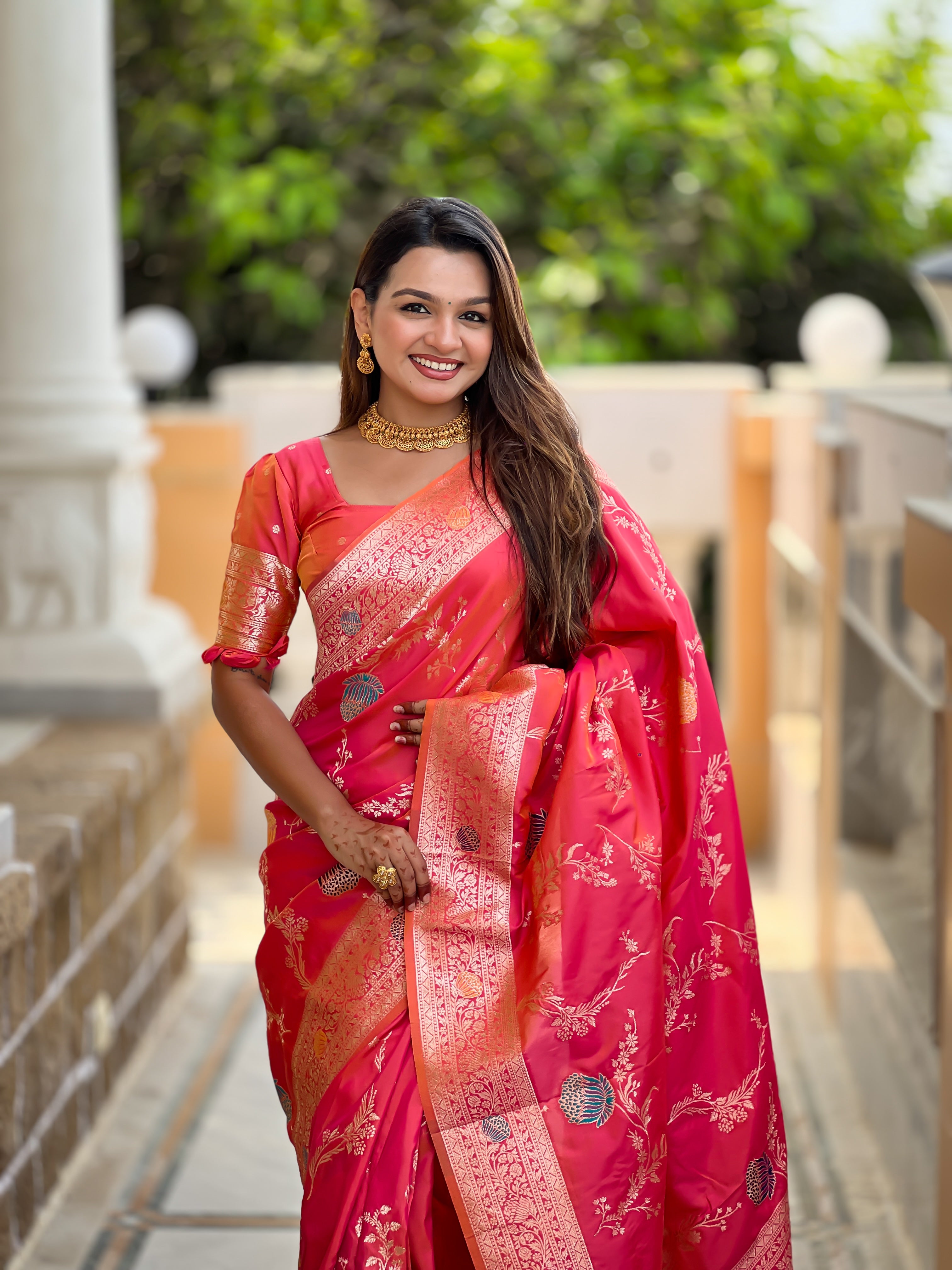 Rani Pink Designer Banarasi Silk Saree for Women – Aqua Green Woven Floral Saree with Blouse