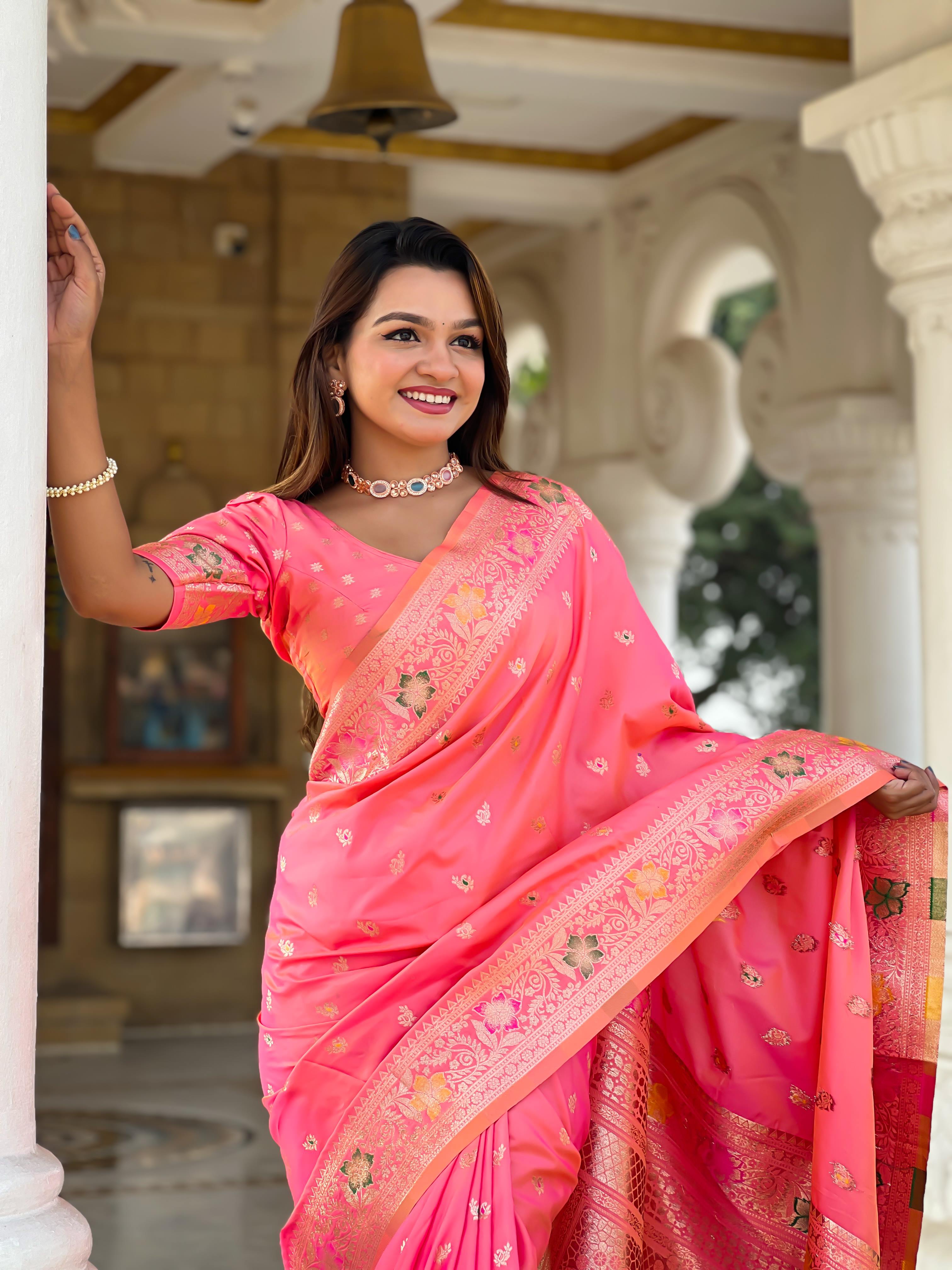 Pink Varni Fabrics Women Paisley Banarasi Silk Embellished Saree comes With Matching Blouse