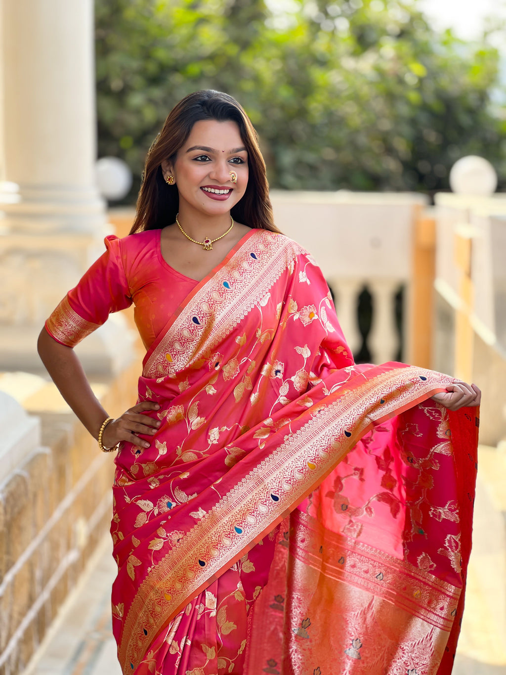 Pink Varni Fabrics Women's Traditional Banarasi Silk Saree with Woven Design & Blouse