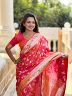 Pink Varni Fabrics Women's Traditional Banarasi Silk Saree with Woven Design & Blouse