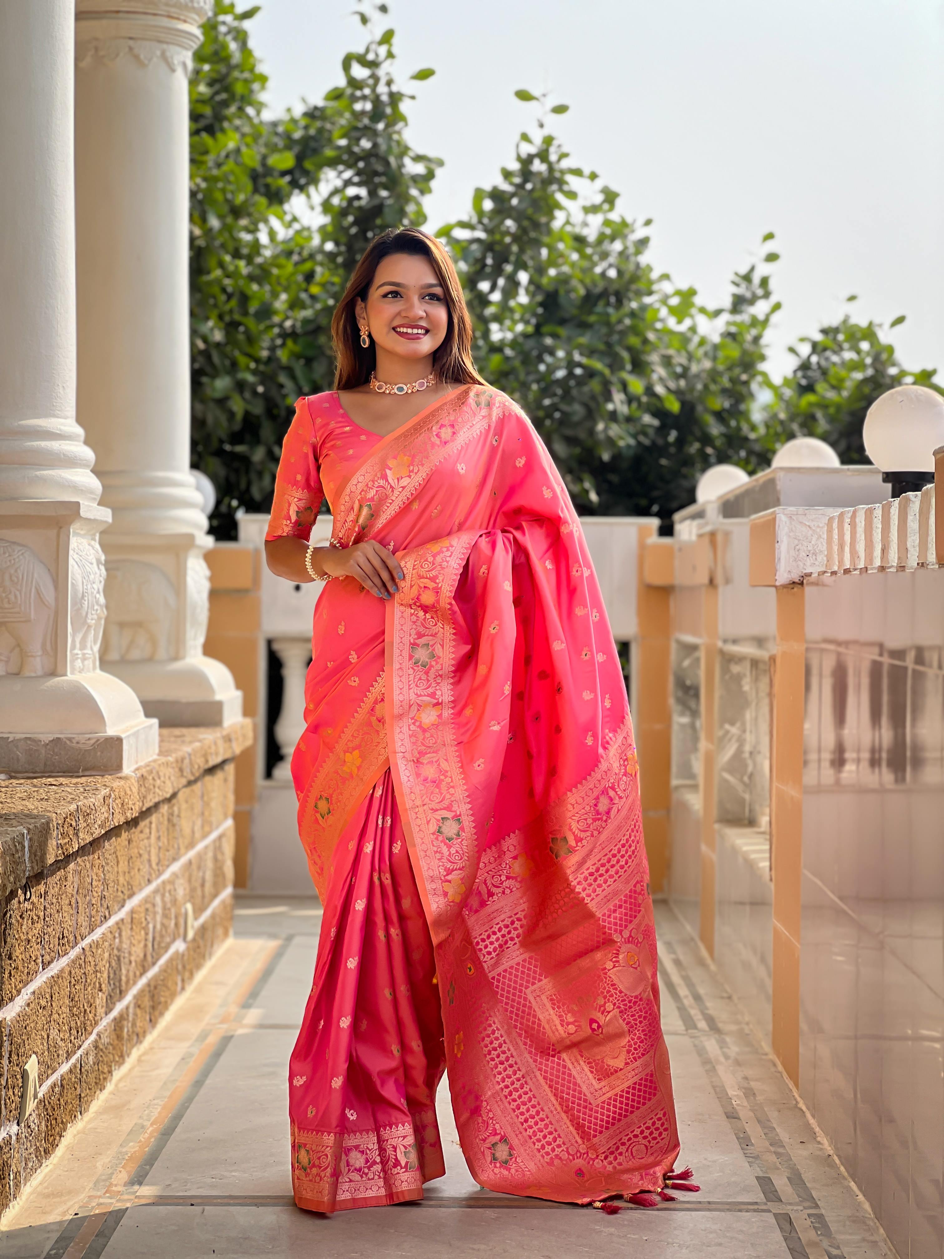 Pink Varni Fabrics Women Paisley Banarasi Silk Embellished Saree comes With Matching Blouse