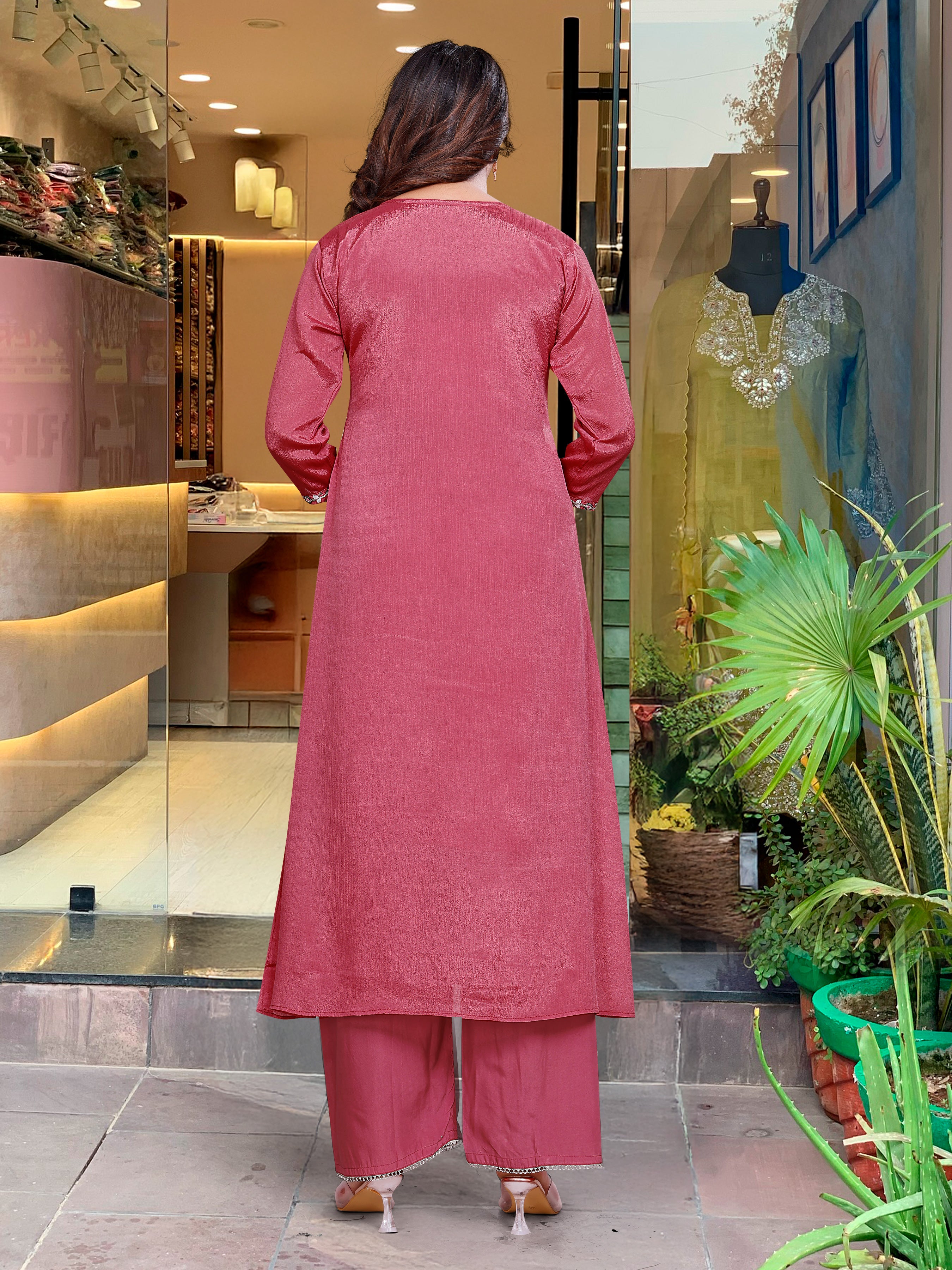 Women's Pink Viscose Chinnon Embroidered Plain Kurta Set with Dupatta
