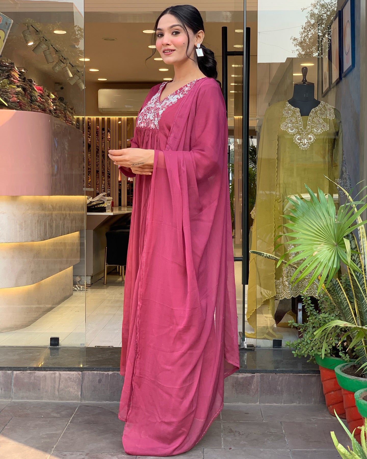 Women's Pink Viscose Chinnon Embroidered Plain Kurta Set with Dupatta