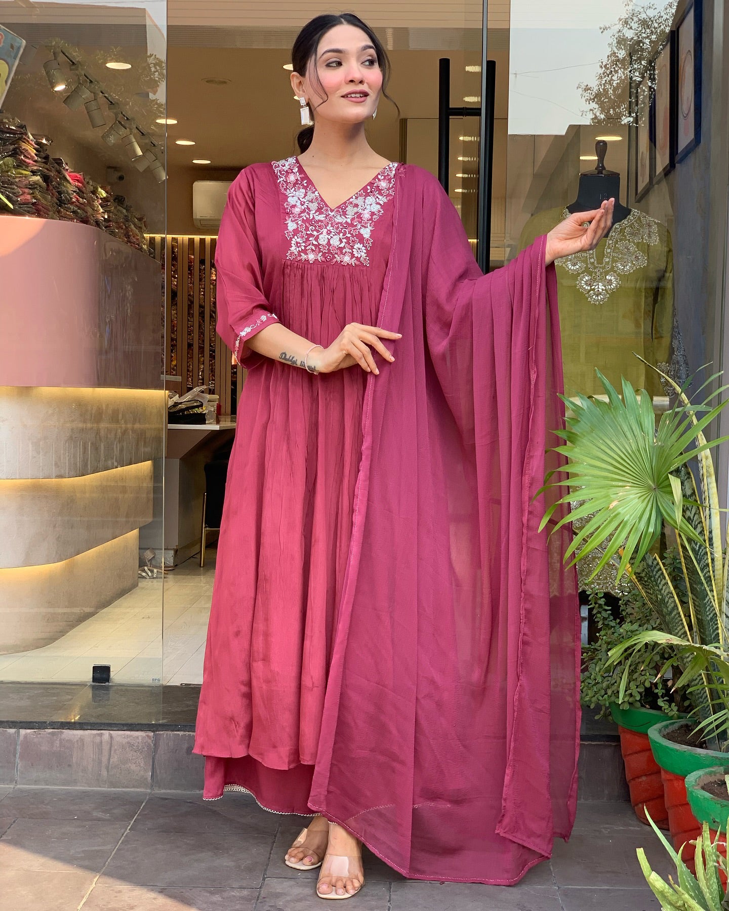 Women's Pink Viscose Chinnon Embroidered Plain Kurta Set with Dupatta