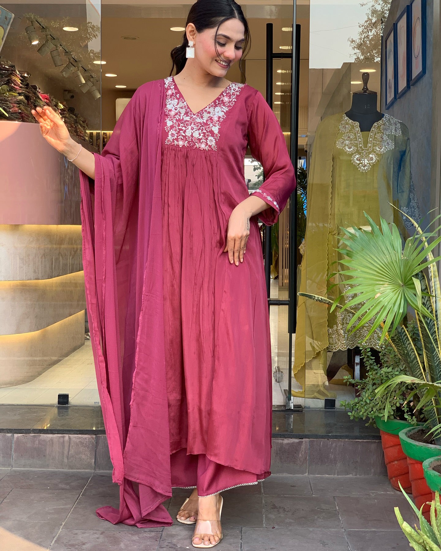 Women's Pink Viscose Chinnon Embroidered Plain Kurta Set with Dupatta