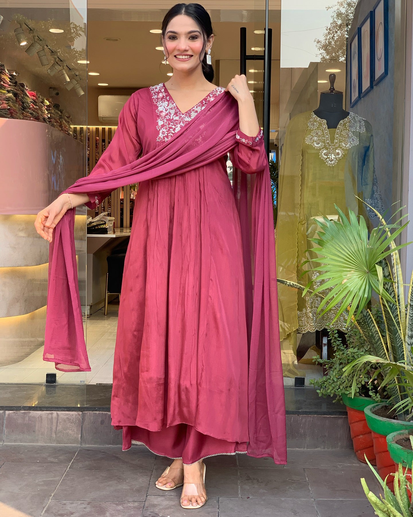 Women's Pink Viscose Chinnon Embroidered Plain Kurta Set with Dupatta